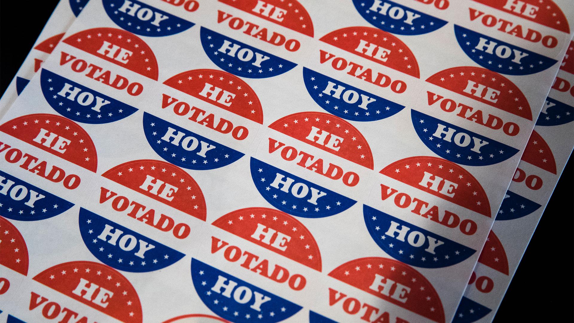 Shown in the Spanish language are "He Votado Hoy" stickers or "I voted today" at a polling place in Philadelphia.