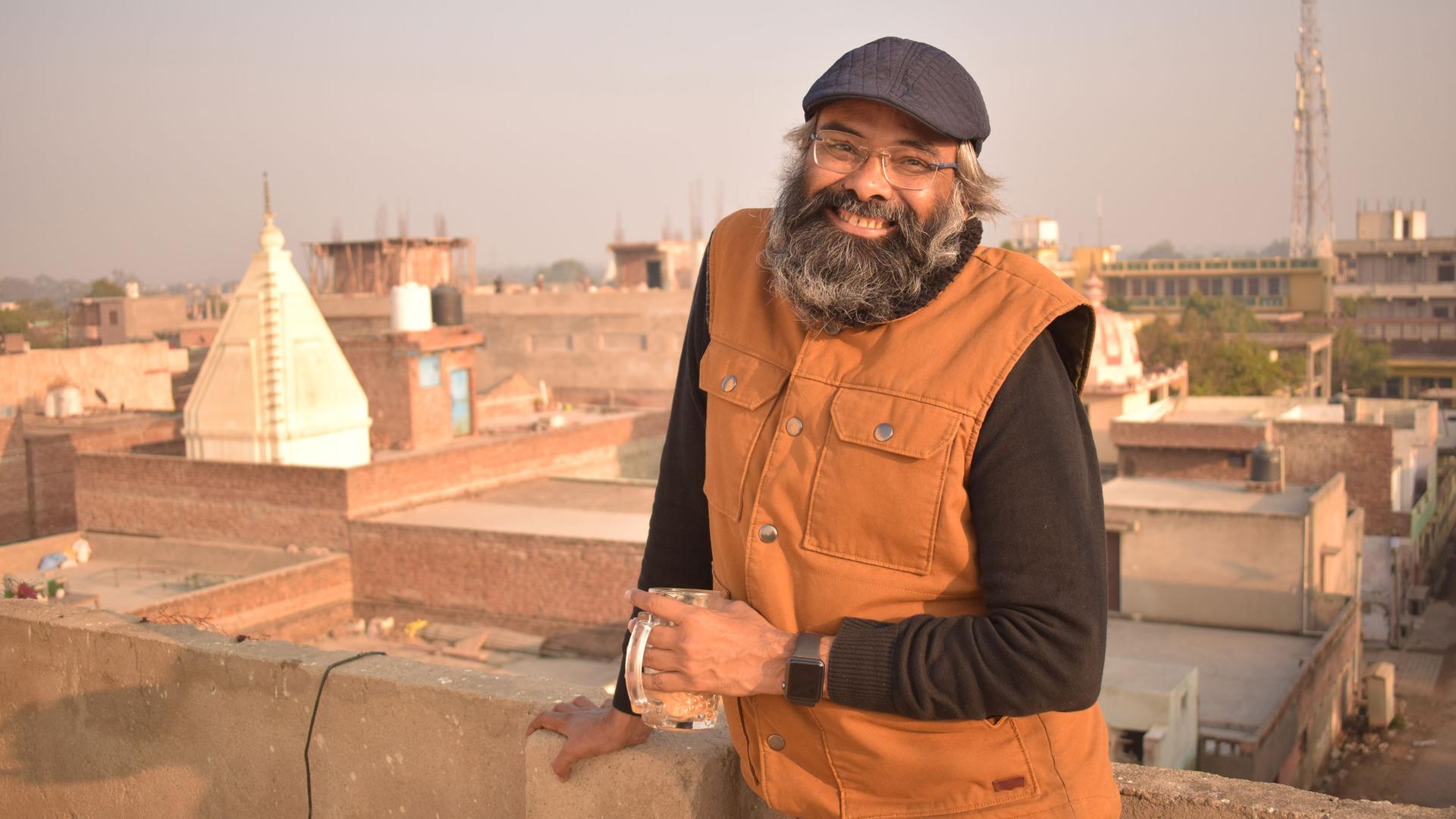 Humanist Purnendu Goswami, 49, at his ashram in the pilgrimage town of Vrindavan, India. Goswami runs a school for underprivileged children on the ashram grounds.