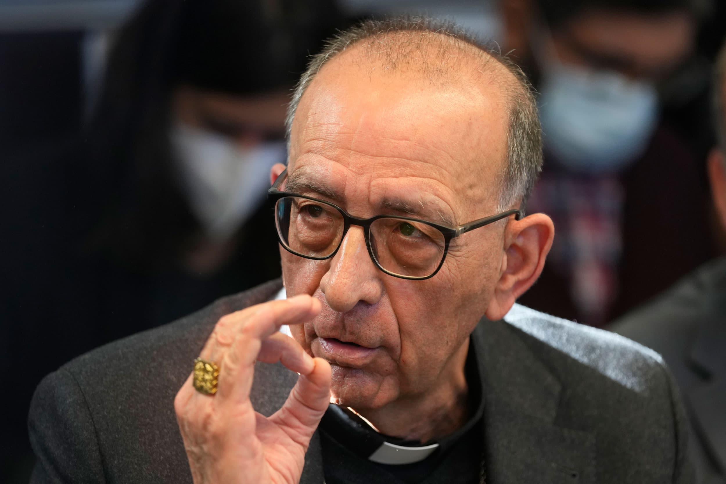 President of the Spanish Episcopal Conference, Juan Jose Omella, speaks during a press conference in Madrid, Spain, Tuesday, Feb. 22, 2022.