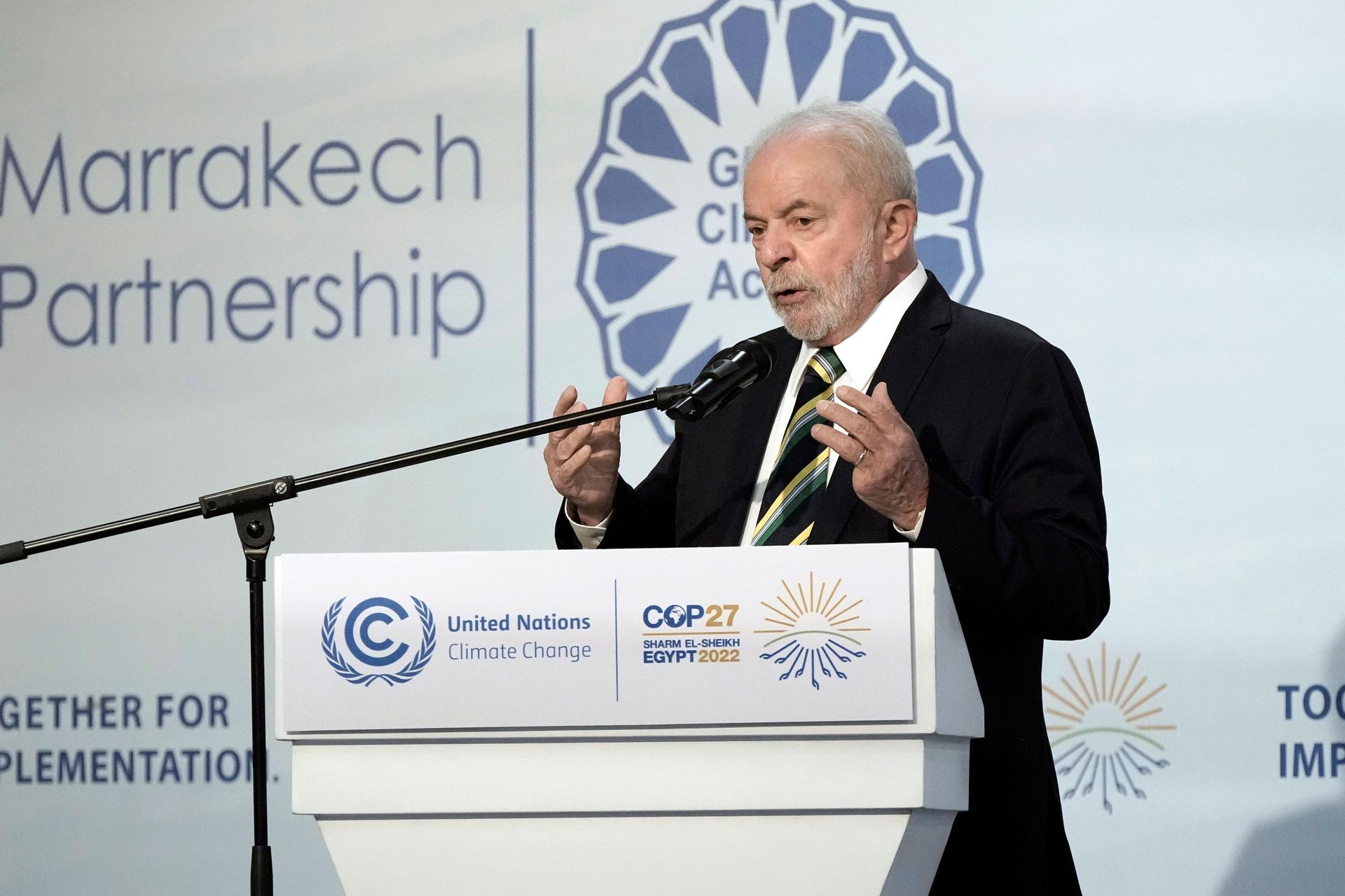 Brazilian President-elect Luiz Inacio Lula da Silva, speaks at the COP27 UN Climate Summit, Wednesday, Nov. 16, 2022, in Sharm el-Sheikh, Egypt. 