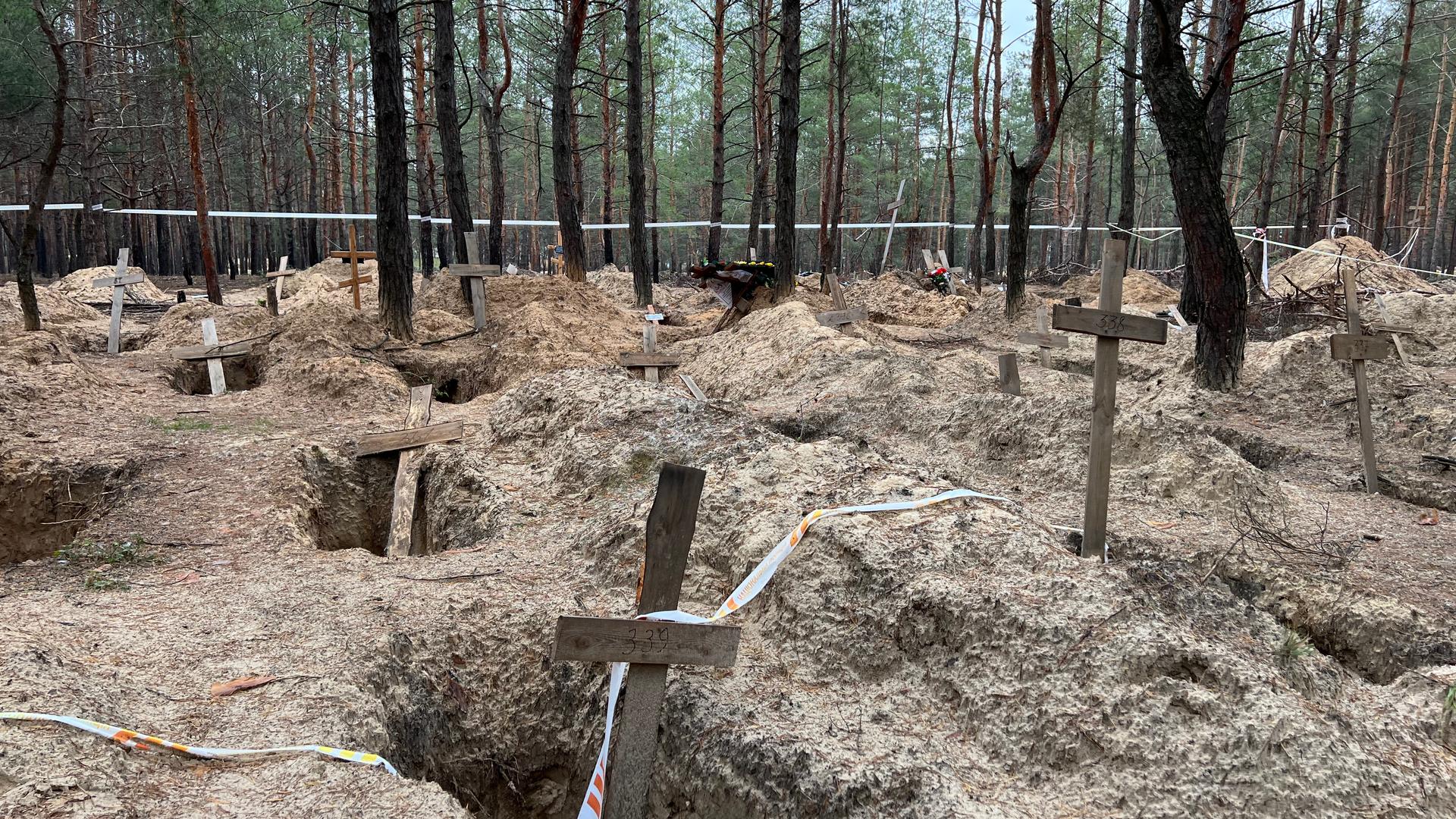 mass grave with crosses