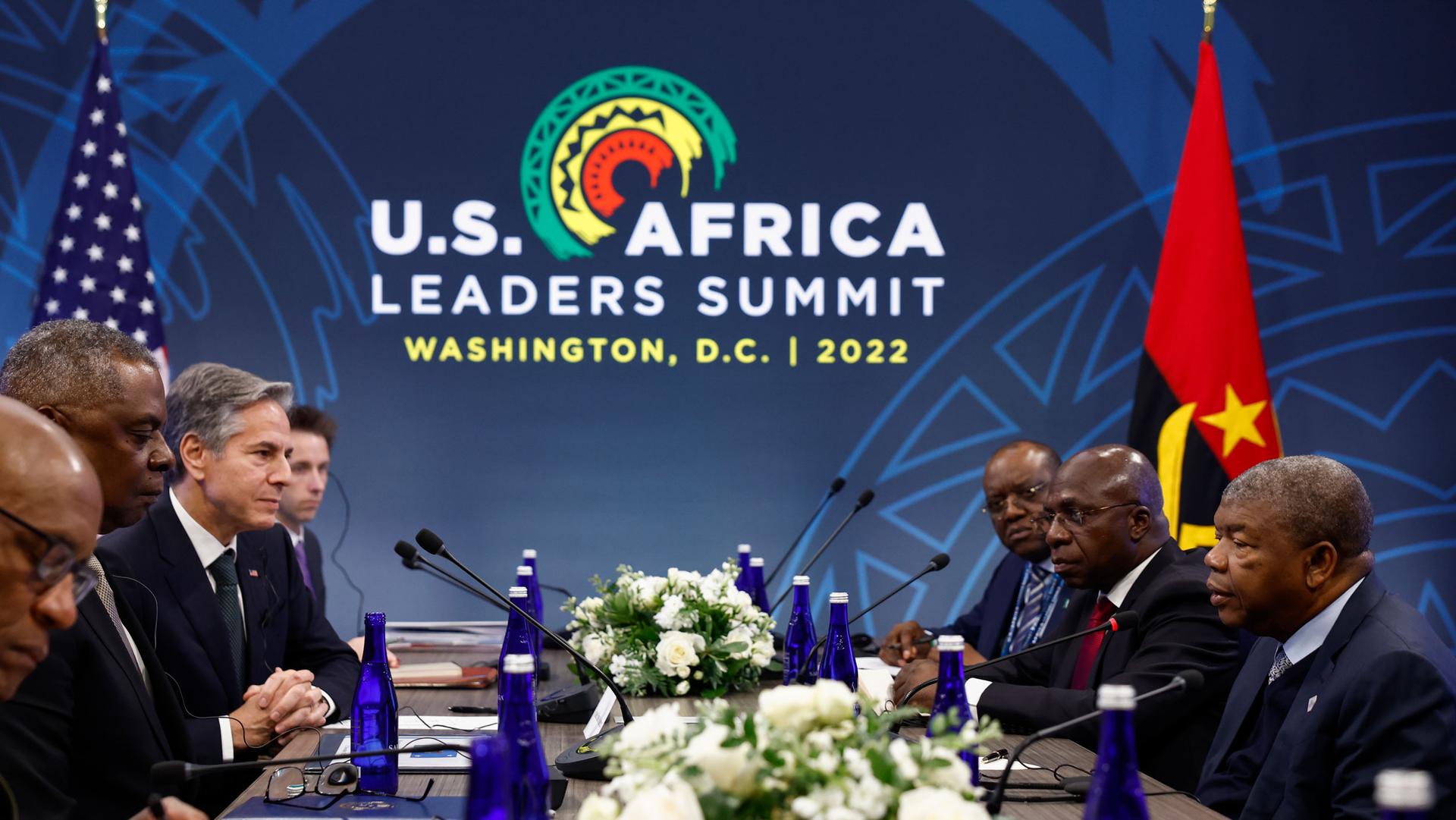US Secretary of State Antony Blinken and US Defense Secretary Lloyd Austin, center left, meet with Angolan President Joao Lourenco during the US Africa Leaders Summit 2022