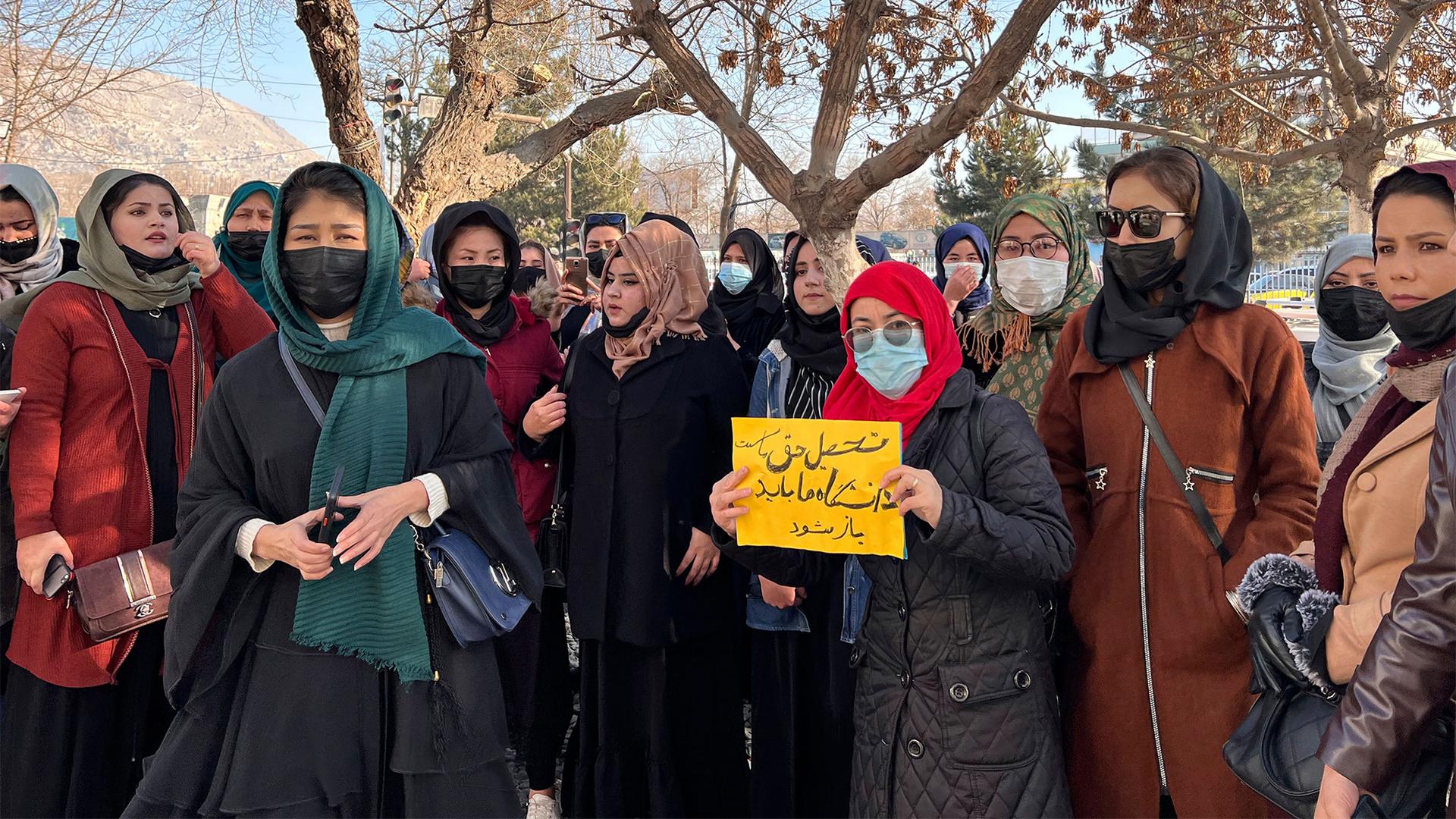 Afghan women participate in a protest against the university education ban for women, in Kabul, Afghanistan, Dec. 22, 2022.