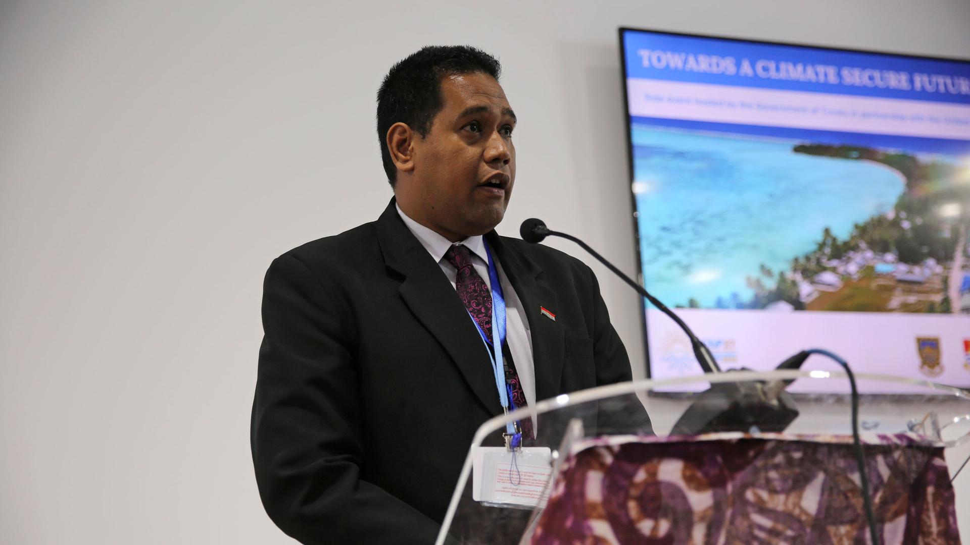 Kiribati Minister of Justice, Hon Takarabu Tofinga, speaks at a panel discussion on climate security in the Pacific, in the Moana Blue Pacific Pavilion of the COP27 UN Climate Summit in Sharm el-Sheikh, Egypt, Tuesday, Nov. 15, 2022.