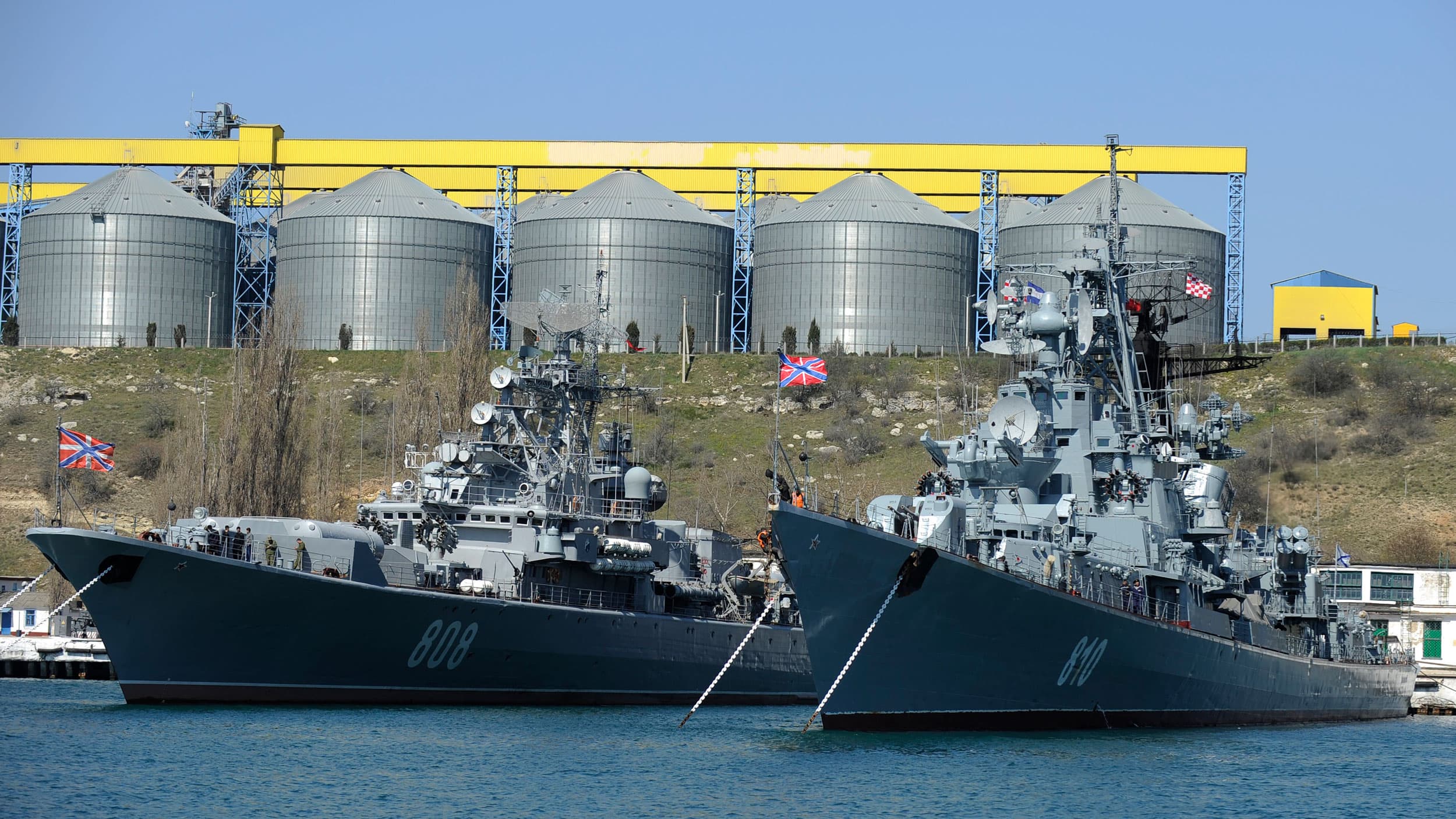 Russian Black Sea fleet ships are anchored in one of the bays of Sevastopol, Crimea, Monday, March 31, 2014.
