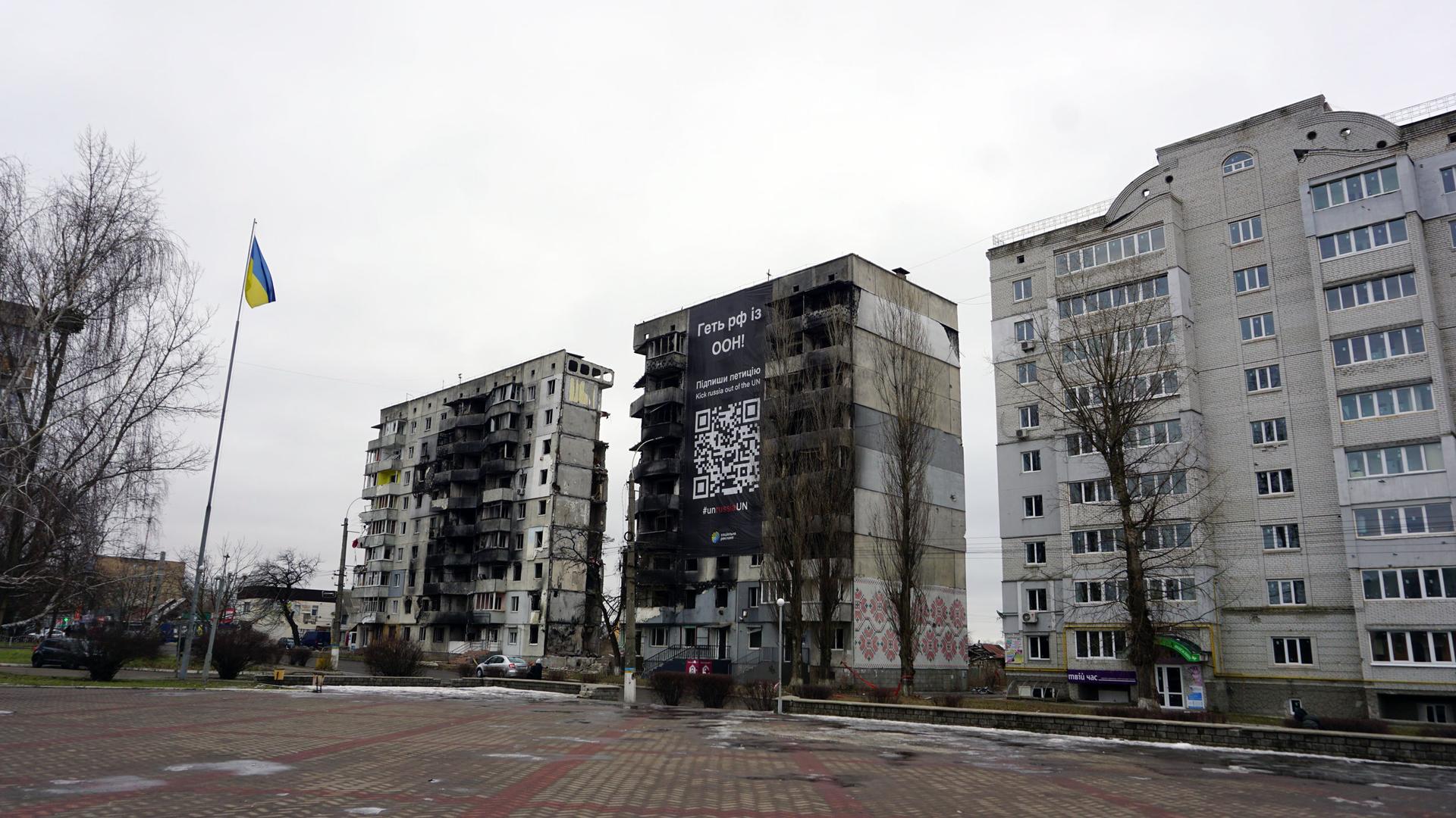 Buildings on Central Street in Borodyanka, a Kyiv suburb, were directly struck by Russian missiles. 