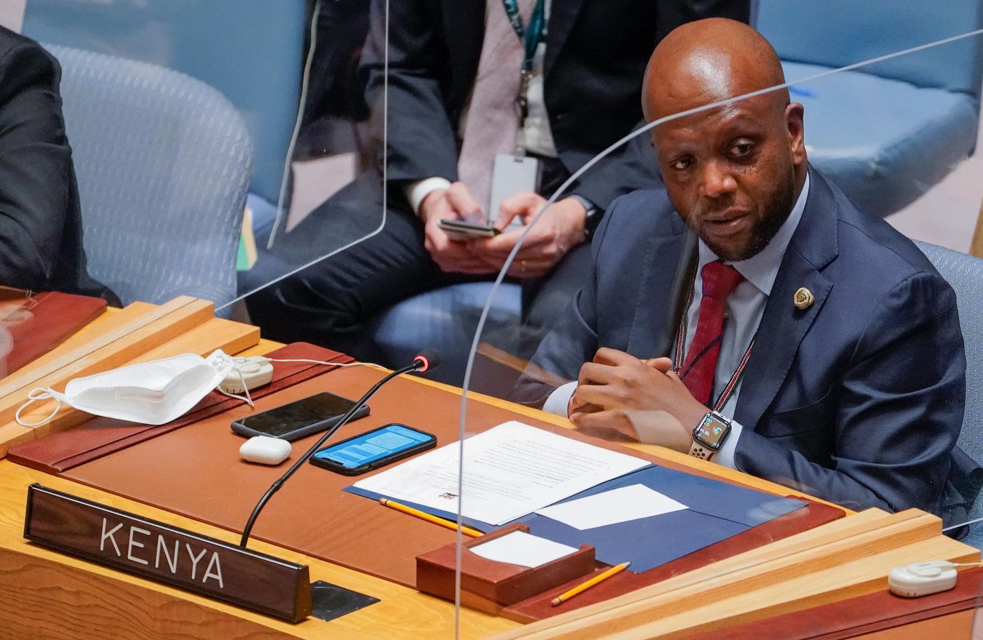 Kenya's Ambassador to the United Nations Martin Kimani addressed a United Nations Security Council meeting on the Russian invasion of Ukraine, on Feb. 25, 2022, at UN headquarters.