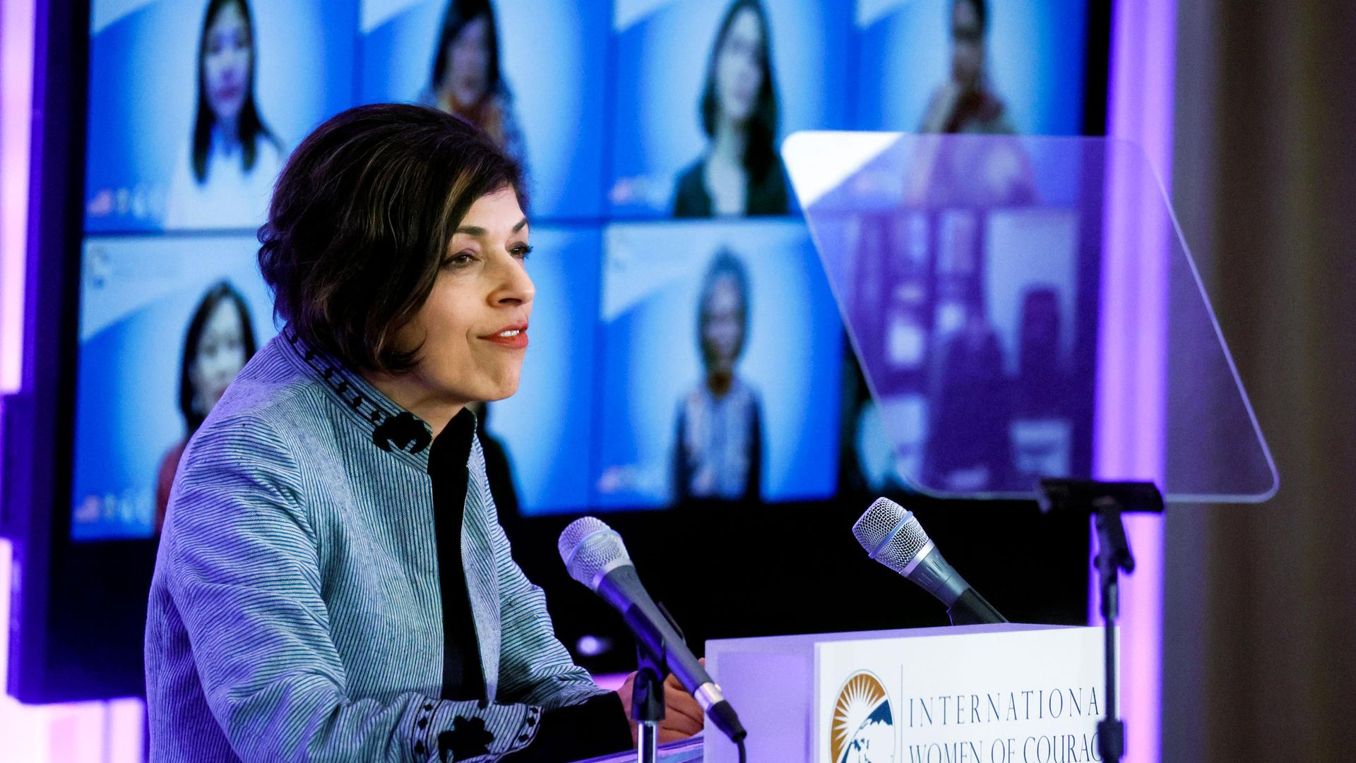 US Special Envoy Rina Amiri addresses the 16th annual International Women of Courage (IWOC) Awards virtual ceremony at the State Department, Monday, March 14, 2022, in Washington. 