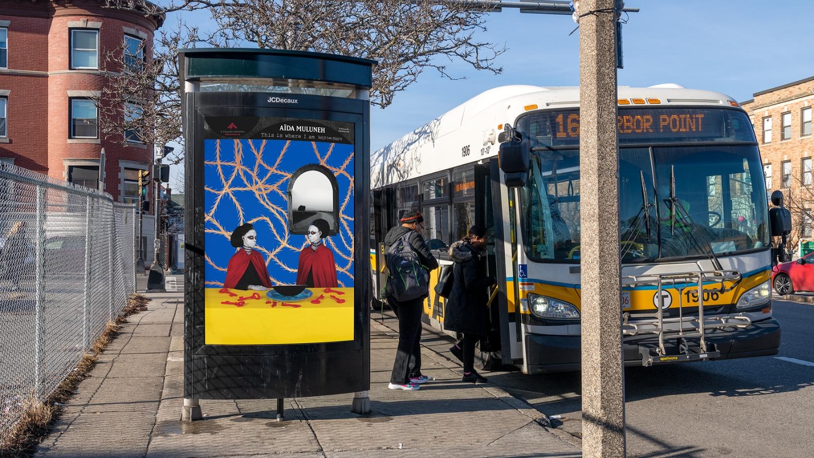 Aïda Muluneh's "To pursue the ceaseless way," is exhibited on a bus stop in the Boston area. The photograph is part of "This is where I am," presented by New York-based Public Art Fund.