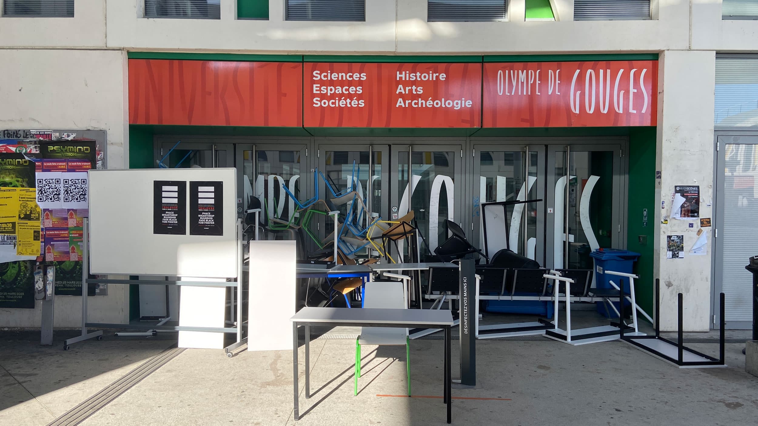 The barricaded entrance to one of dozens of University of Toulouse school buildings.