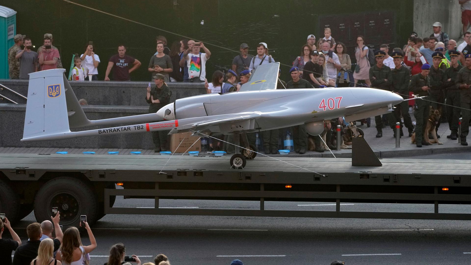 A Turkish-made Bayraktar TB2 drone is seen during a rehearsal of a military parade dedicated to Independence Day in Kyiv, Ukraine, Friday, Aug. 20, 2021. 