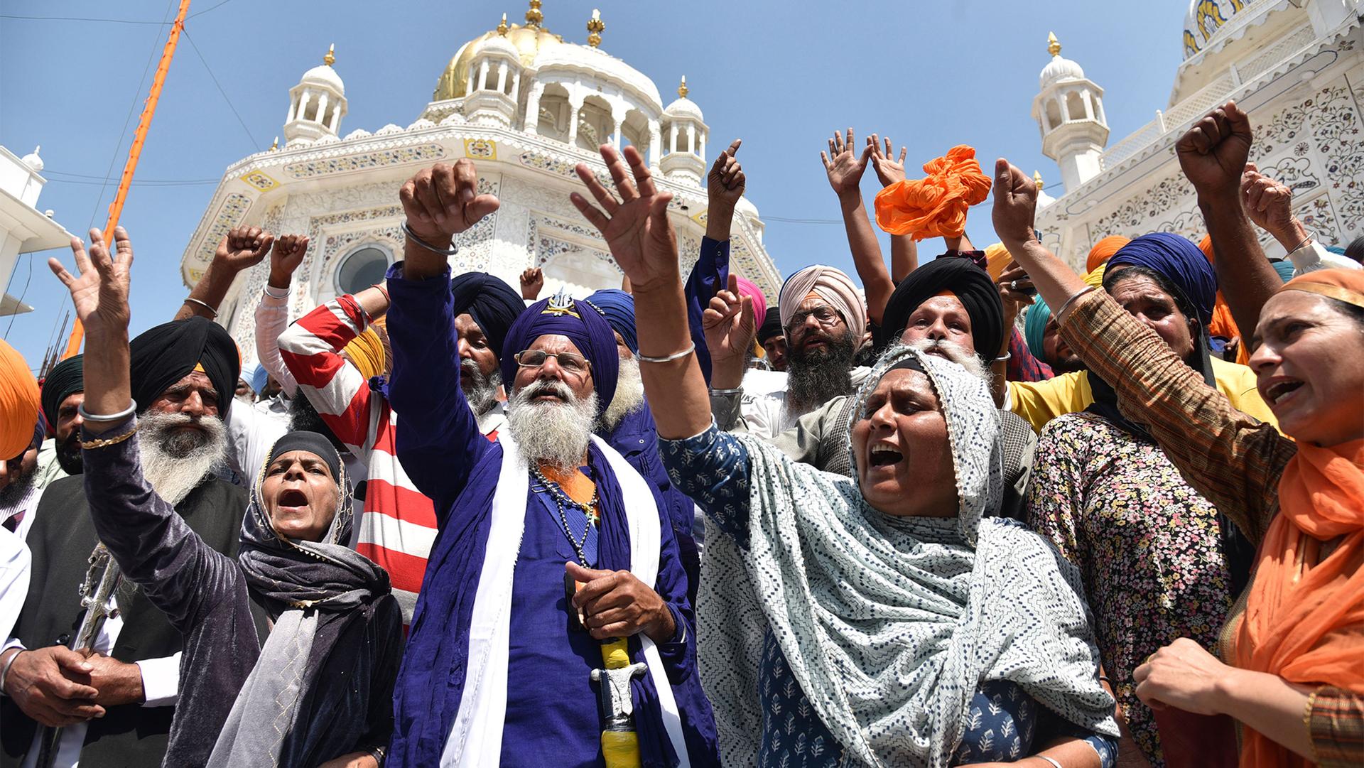 Supporters of Waris Punjab De shout slogans favoring their chief and separatist leader Amritpal Singh and other arrested activists