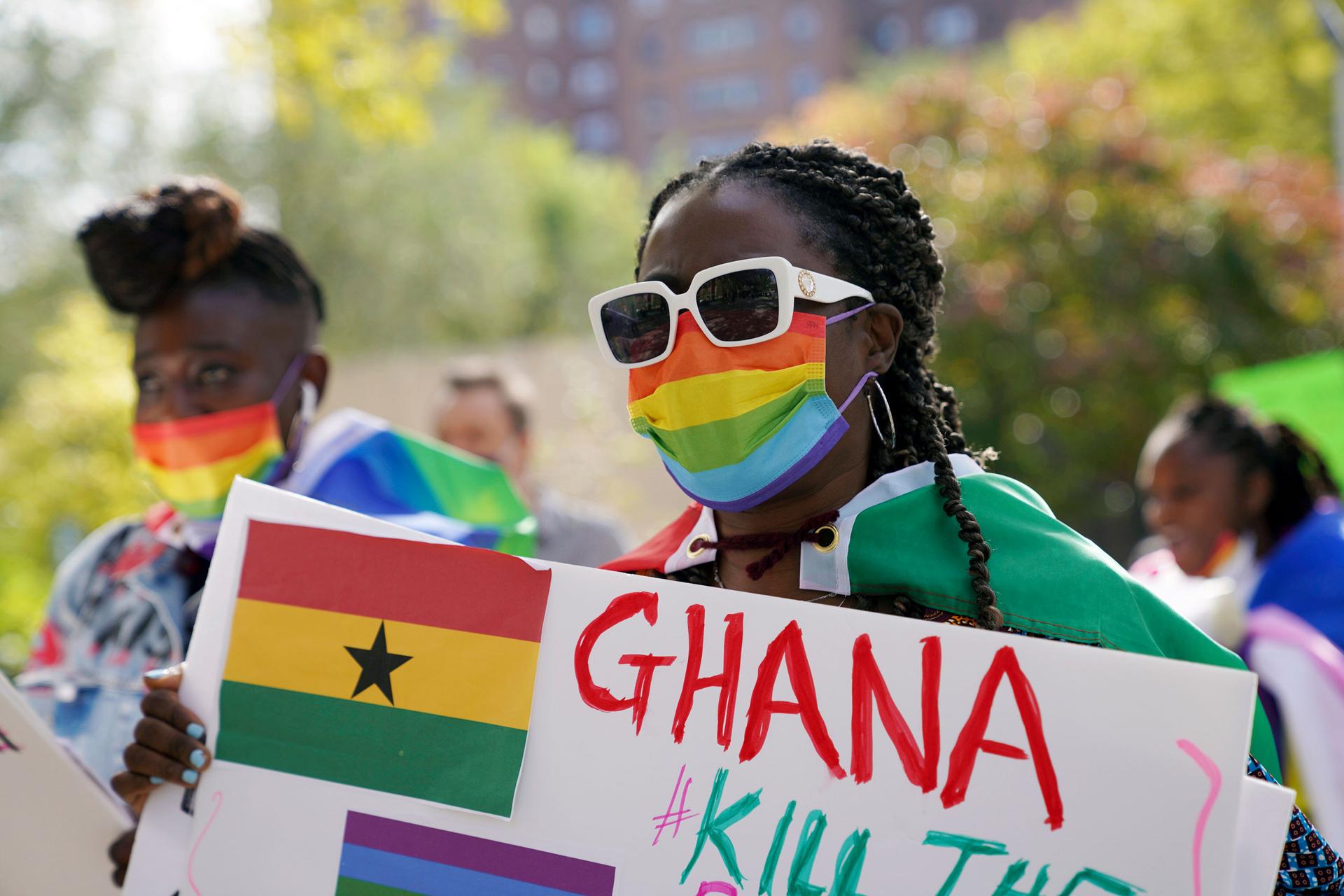 Wilhemina Nyarko attends a rally against a controversial bill being proposed in Ghana's parliament that would make identifying as LGBTQIA or an ally a criminal offense punishable by up to 10 years in prison, in the Harlem neighborhood of New York on Monda