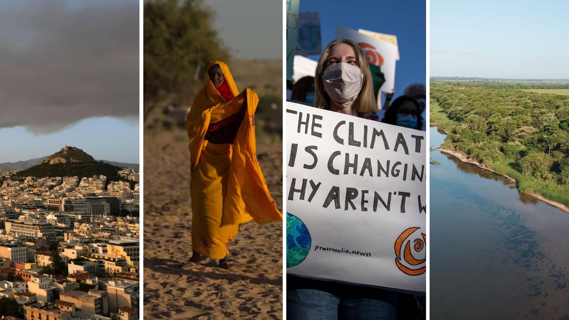 Left to right: Smoke from a wildfire over the Athens sky; a woman walks in a village during a period of drought; students hold up a banners; the Atlantic forest in Brazil.