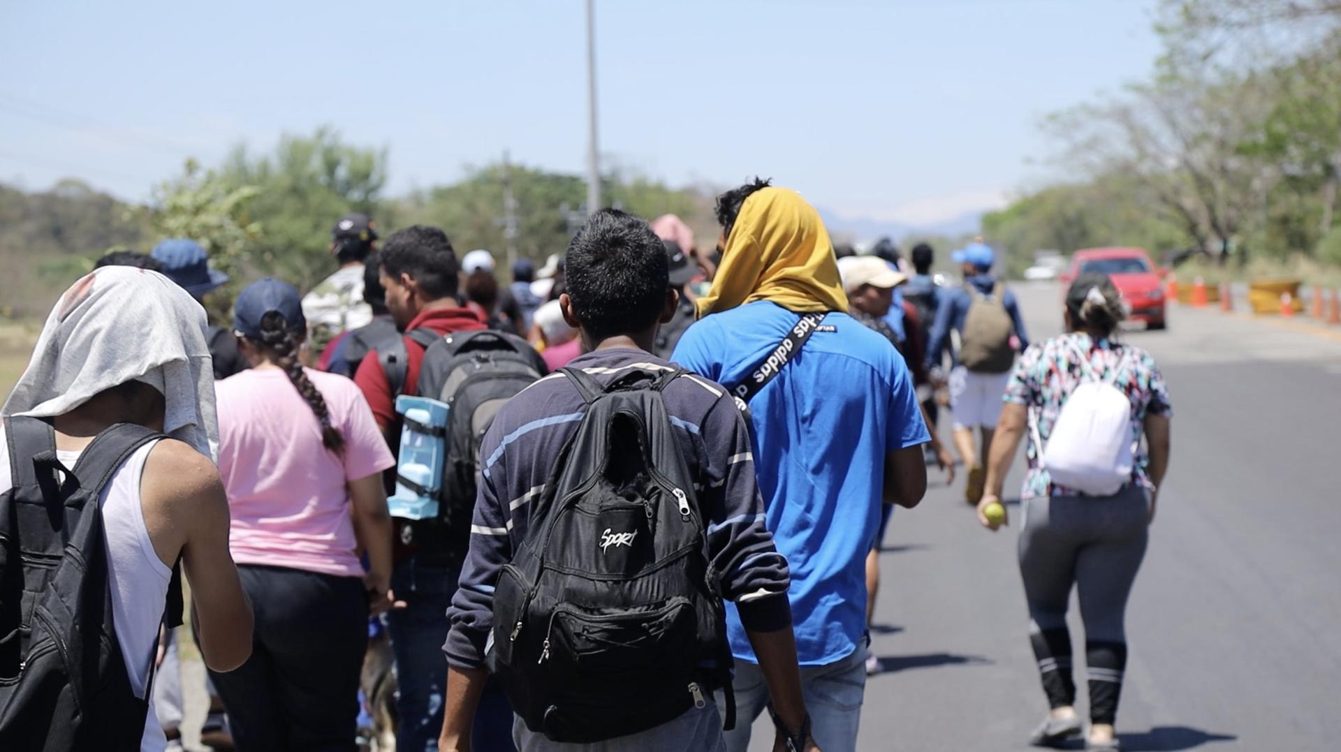 A photo showing the back side of a group of people walking in the heat on a desolate road