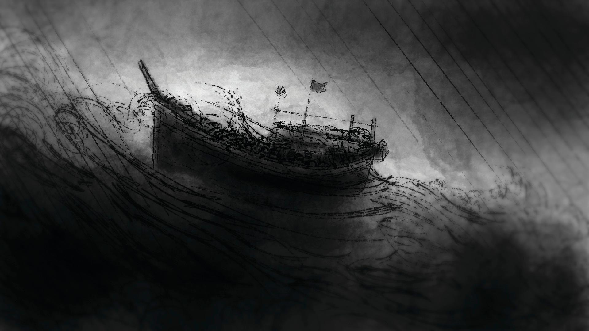 Black and white illustration of a boat on rocky waters