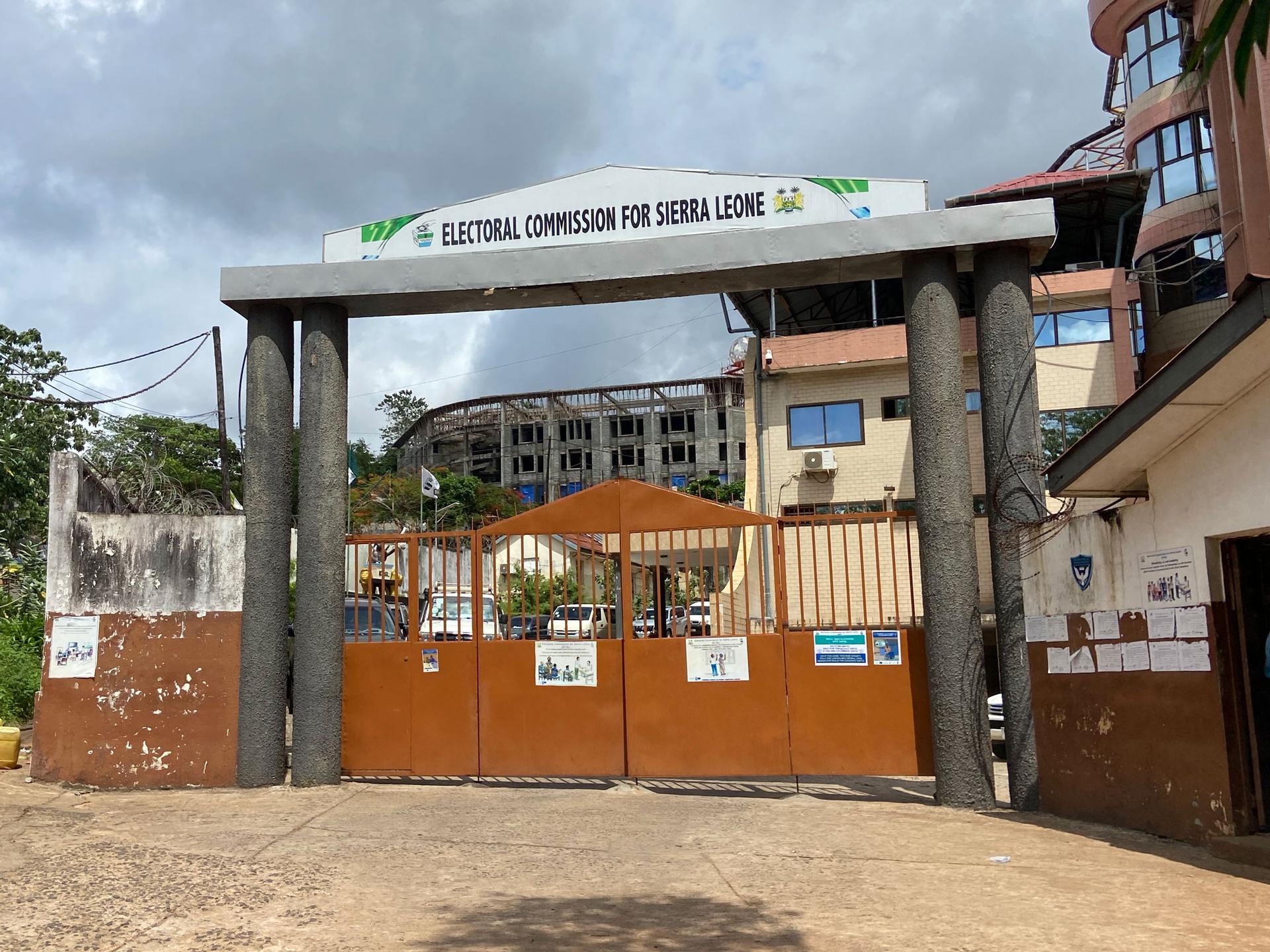 The Electoral Commission Building in Freetown prepares for Sierra Leone's pivotal elections on June 24, 2023.