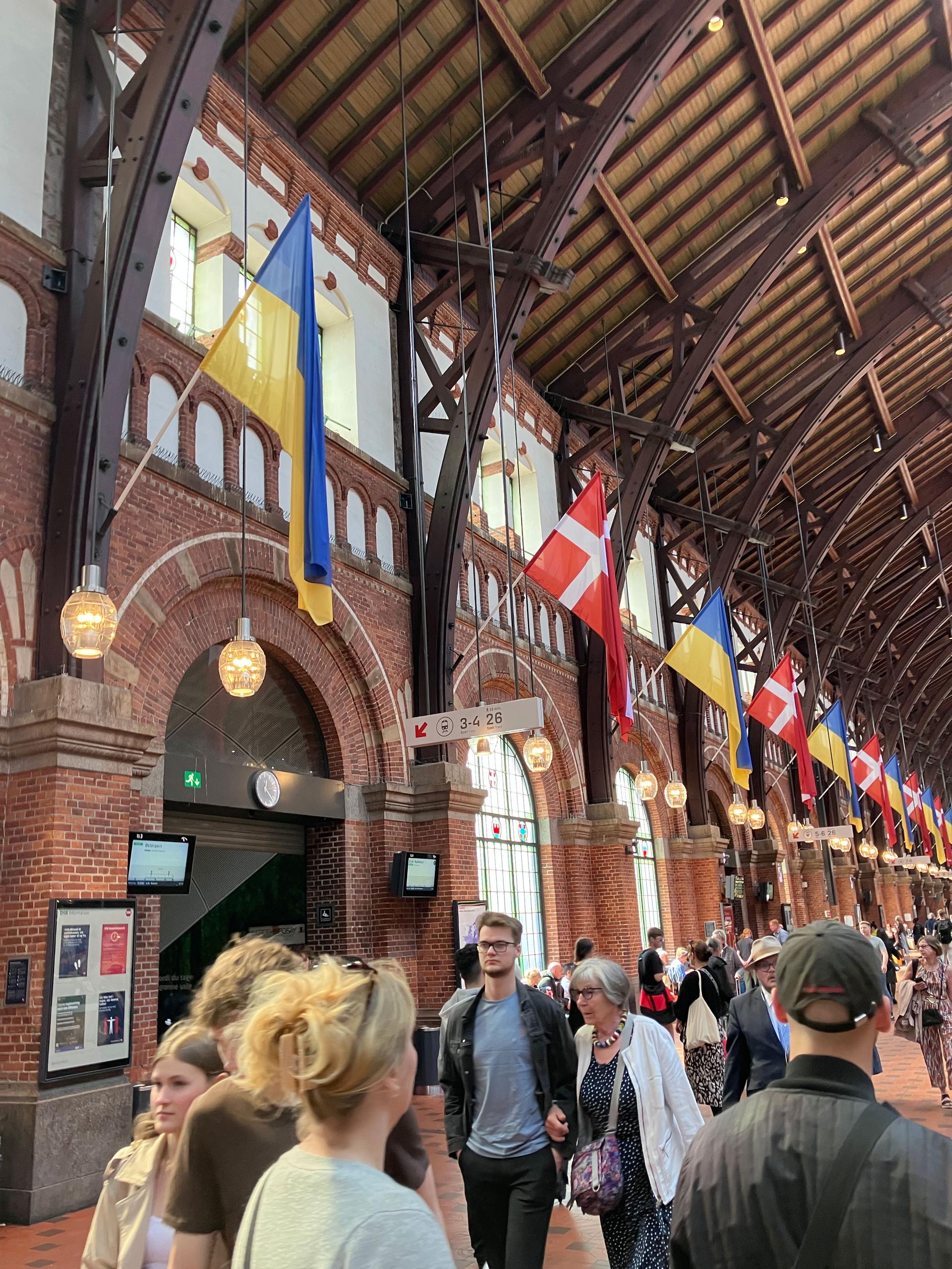 Ukrainian and Danish flags fly side by side at the central train station, Copenhagen, Denmark, May 22, 2023.