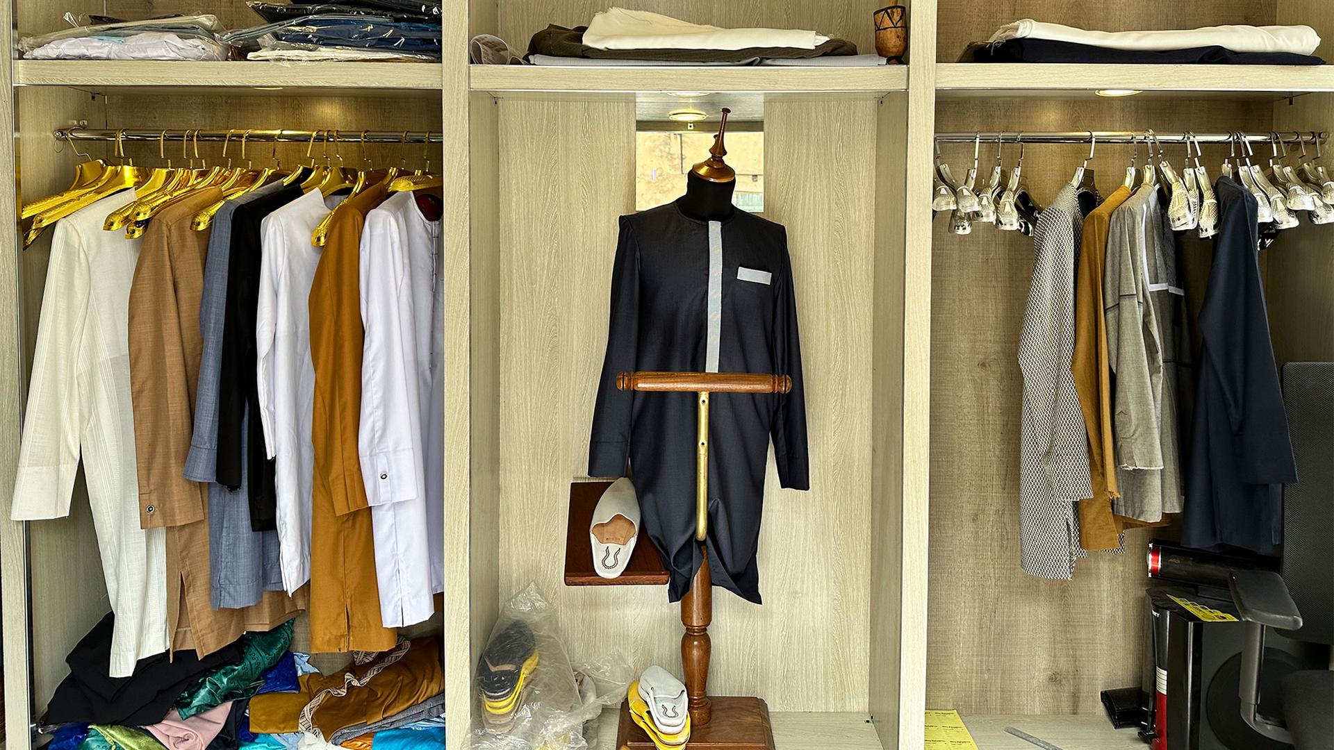 Clothes are on display at the Mar Design tailor shop in central St. Louis in northern Senegal.