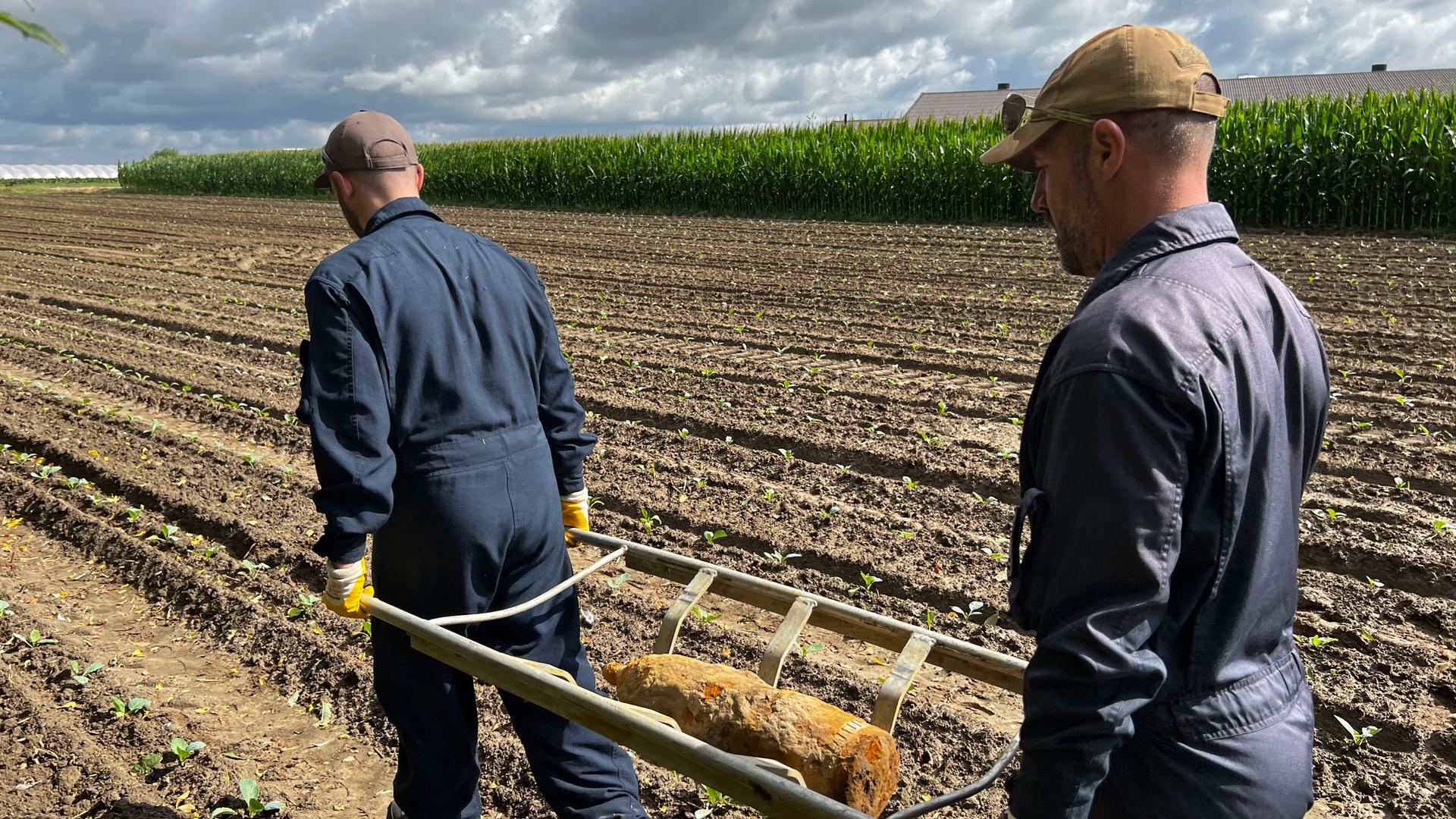 Two members of DOVO, the Belgian military’s bomb disposal unit, remove a six-pound high explosive artillery shell produced in about 1917 from a farm field near Ieper, Belgium on Tuesday, Aug. 1, 2023.