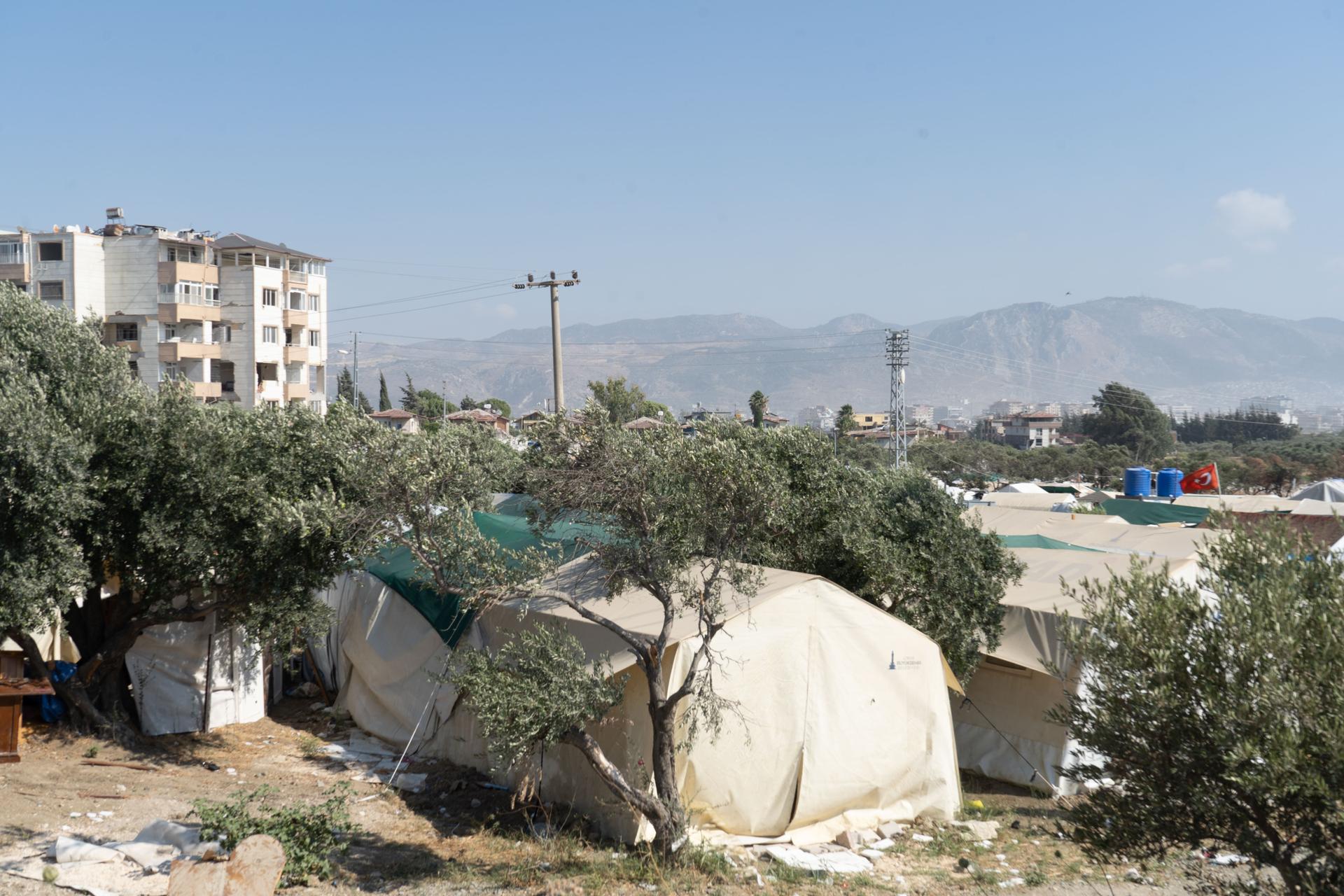 An informal tent camp set up in an olive orchard in Antakya. The Turkish government has prioritized its own citizens for container housing, and most residents of informal tent camps are Syrian refugees.