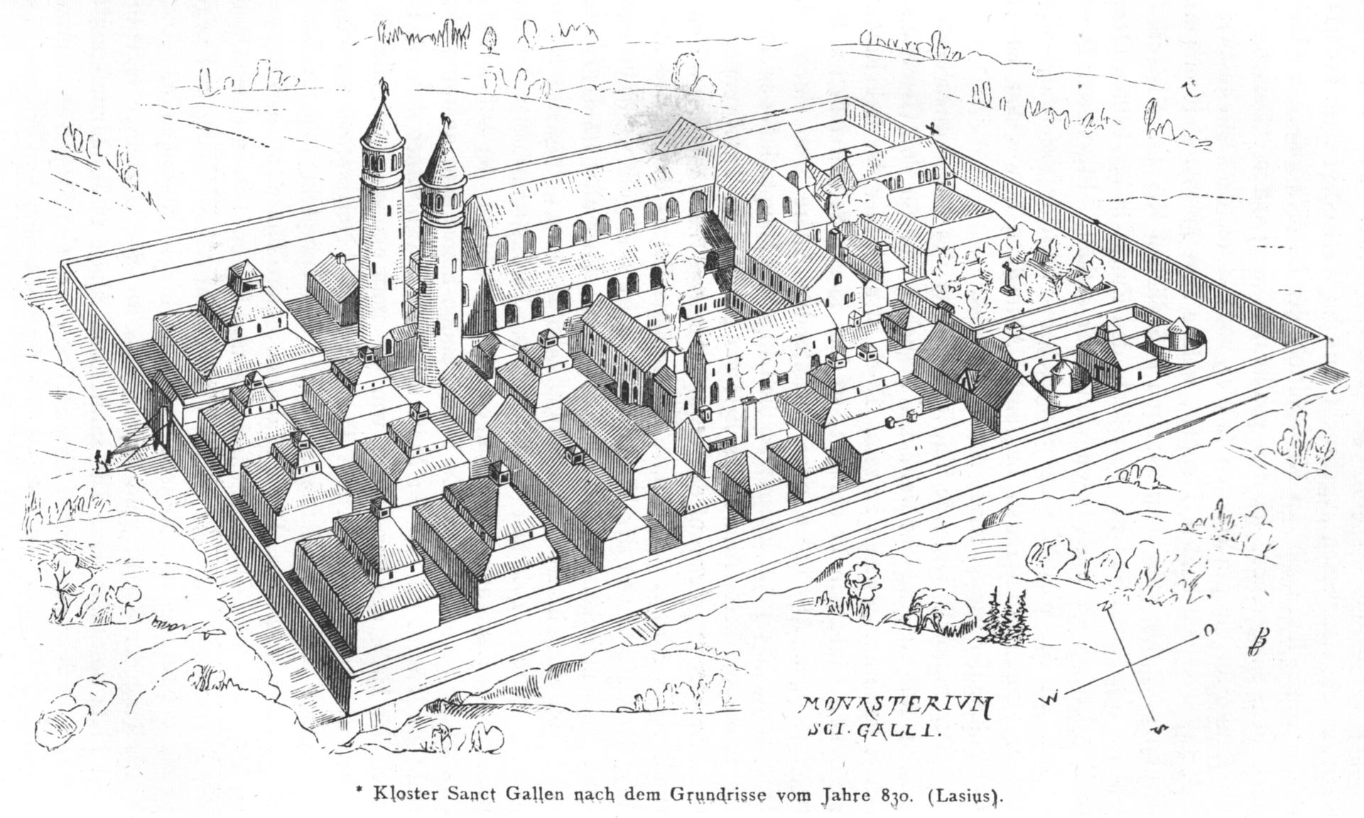 A sketch of a Benedictine cloister being replicated at Campus Galli.