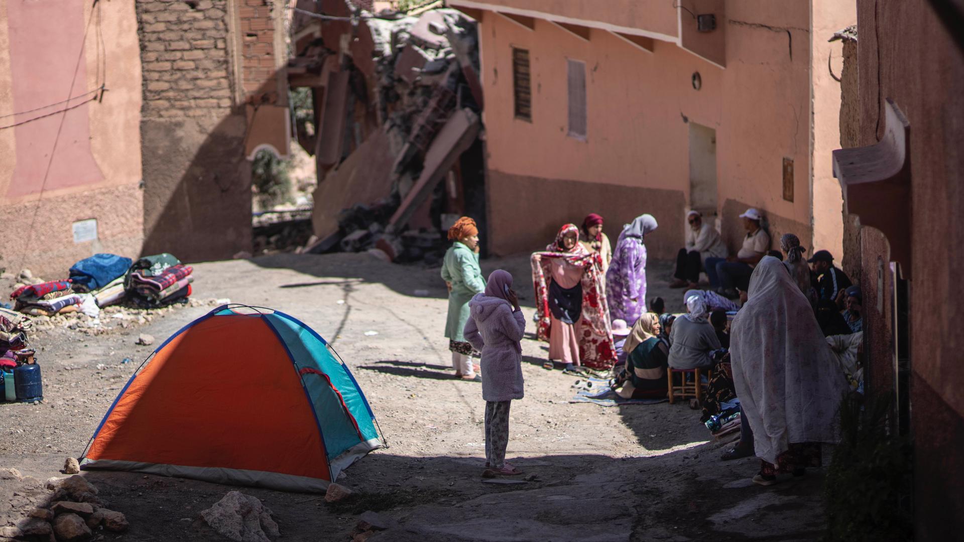 People affected by an earthquake camp outside their homes, in Moulay Brahim village, near Marrakech, Morocco, Saturday, Sept. 9, 2023. 