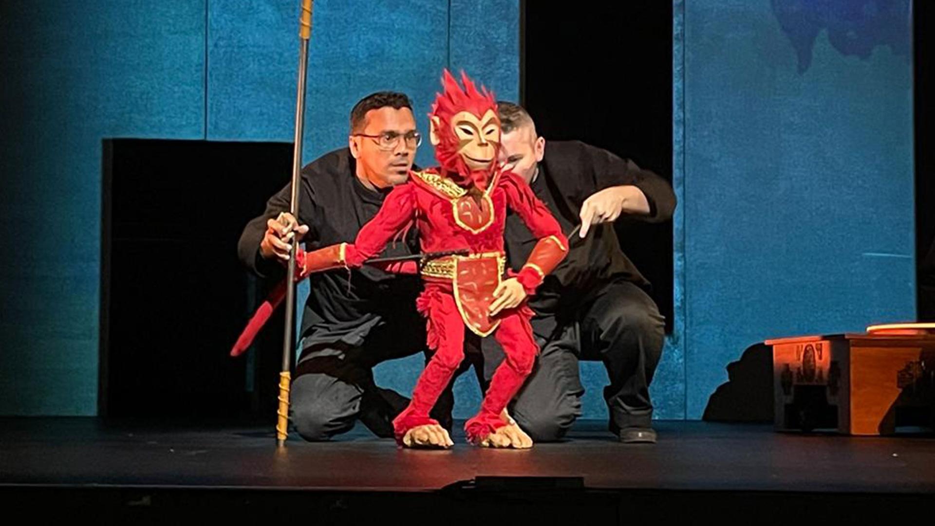 The bunraku style of puppetry in which puppeteers appear on stage and directly work puppets, seen here in 
