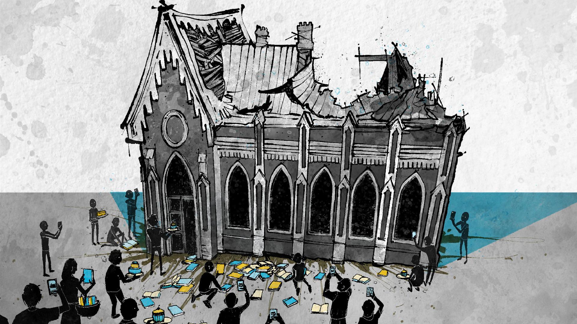 Illustration of a destroyed library.
