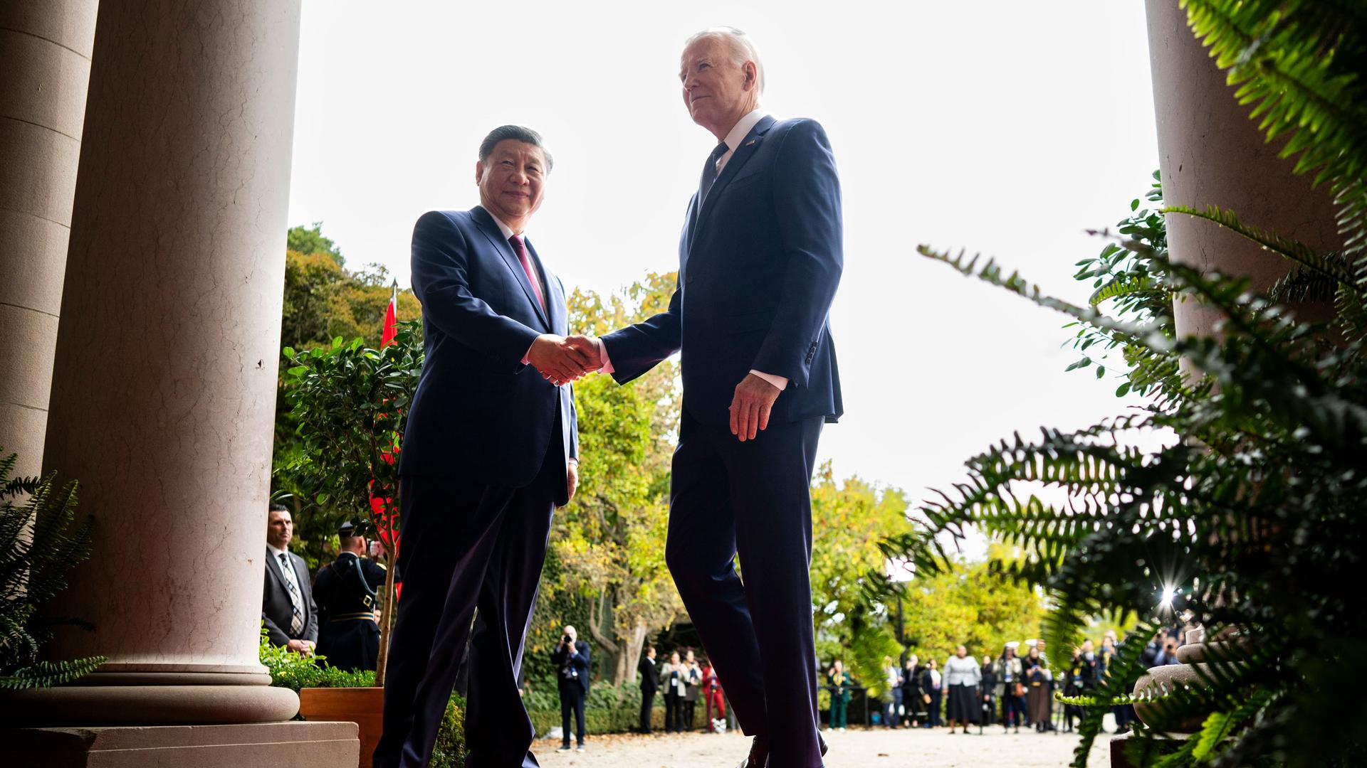 President Joe Biden greets China's President President Xi Jinping at the Filoli Estate in Woodside, California, Wednesday, Nov. 15, 2023, on the sidelines of the Asia-Pacific Economic Cooperative conference. 