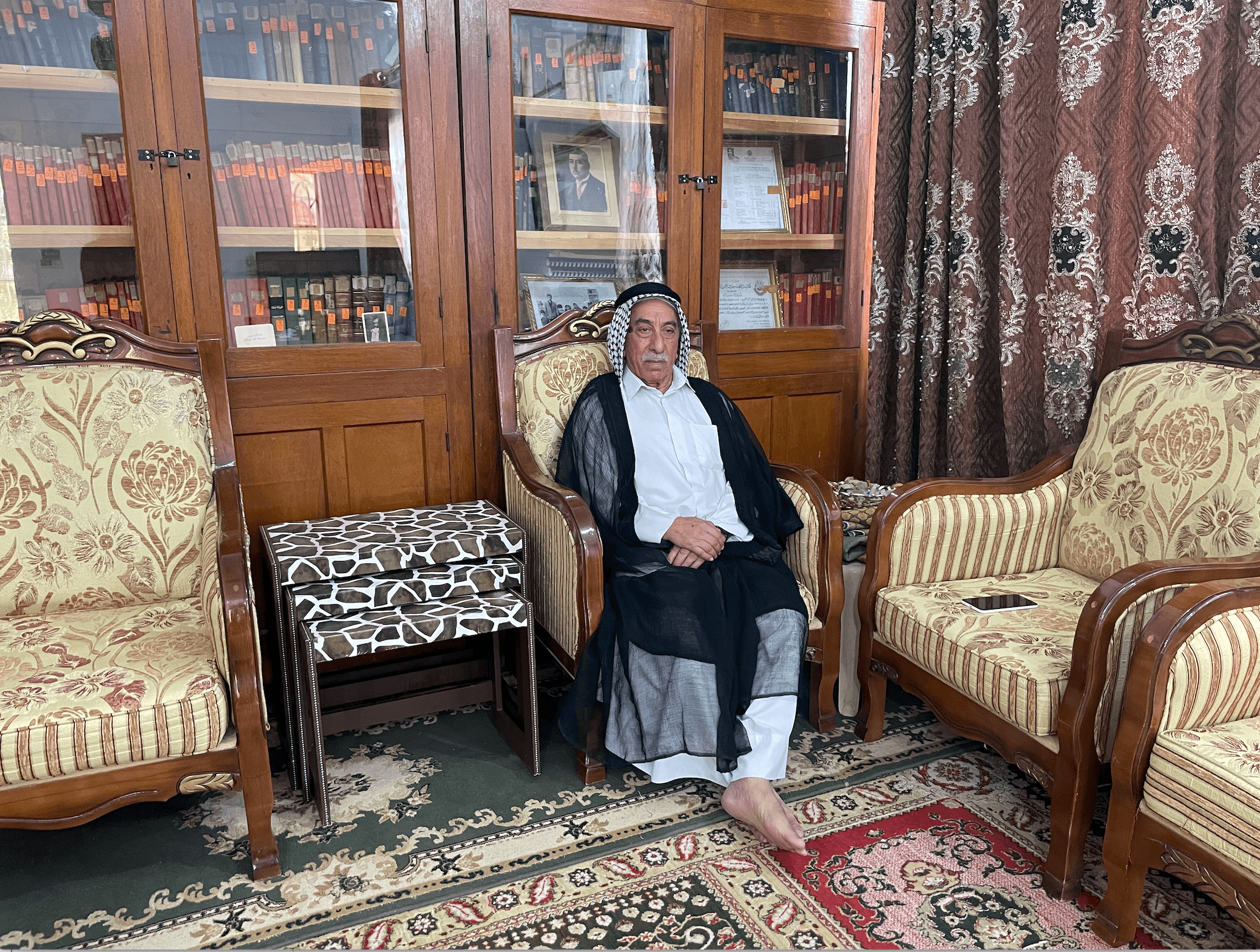 Salah Fareeq Al-Feroun at his home. He spent 25 years teaching at an agricultural secondary school for the Ministry of Education, Al-Meshkhab, Najaf Province, Iraq, Aug. 30, 2023.
