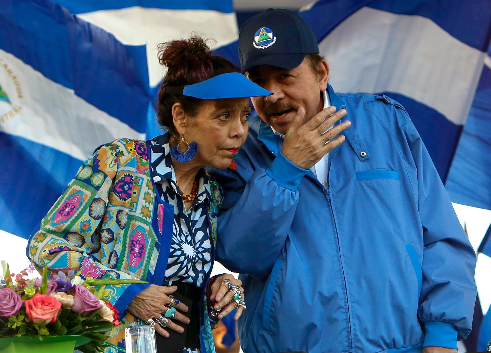 In this Sept. 5, 2018, file photo, Nicaragua's President Daniel Ortega and his wife and Vice President Rosario Murillo, lead a rally in Managua, Nicaragua. 