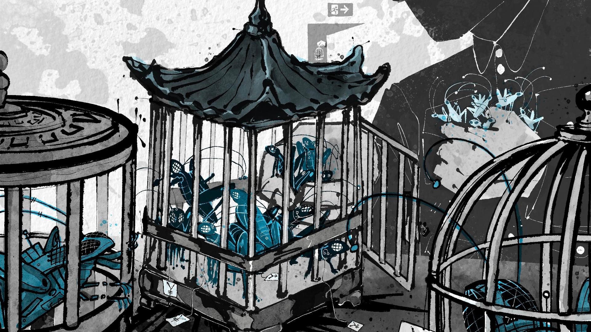 Blue, gray and white illustration of flys in cage