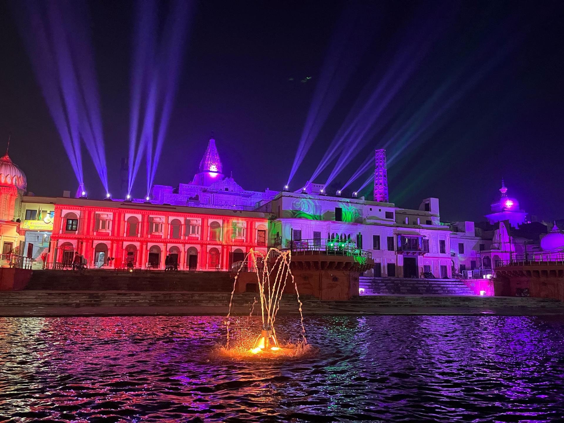 Multicolor laser beams light up the night sky on the banks of the Saryu river in Ayodhya. The town is gearing up to welcome huge crowds of pilgrims seeking blessings at its newest Hindu temple.