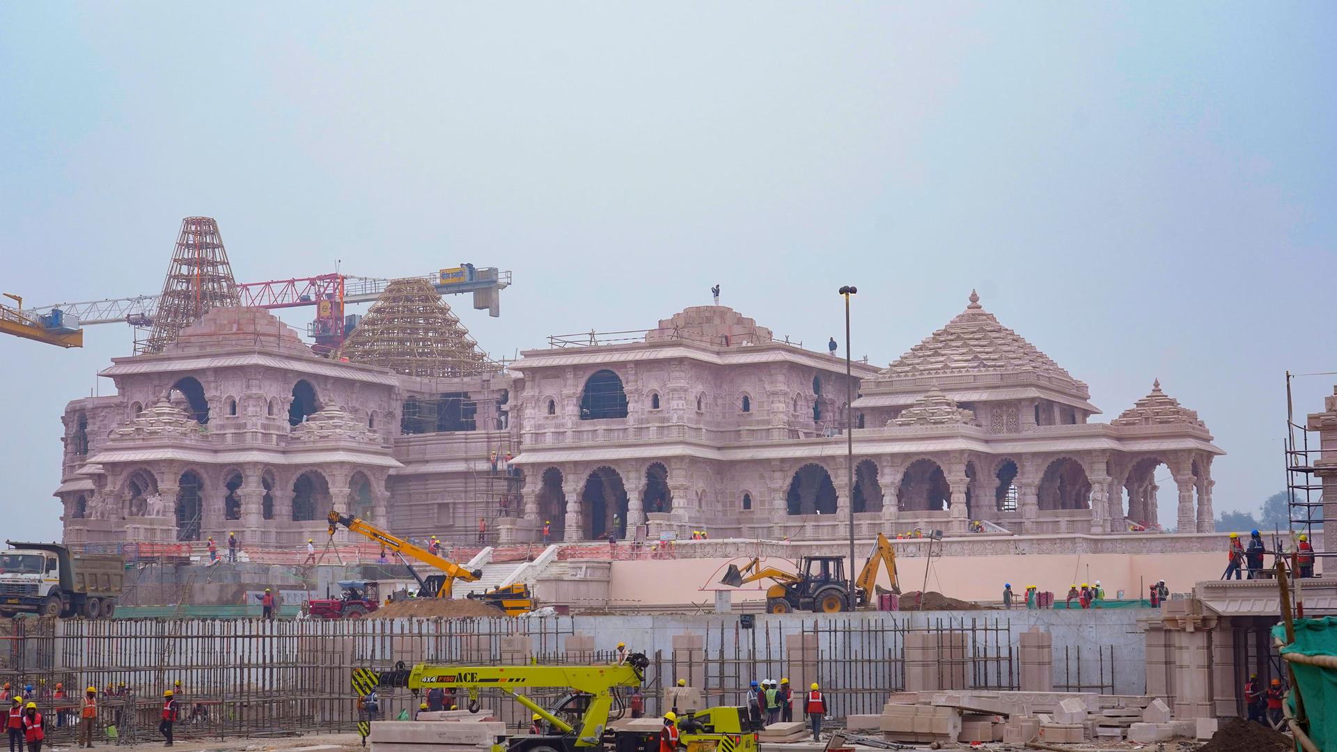 A construction crew works on Ram Mandir, a Hindu temple dedicated to Lord Ram in Ayodhya, India, Tuesday, Jan. 16, 2024. 