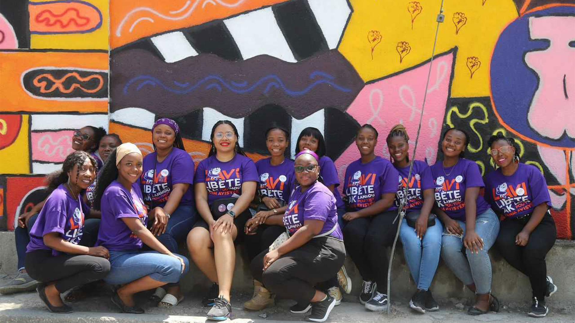 Nathalie Vilgrain, sixth from left, is the head of Marijàn, a feminist organization in Port-Au-Prince that is sheltering about 150 women who have been displaced by sexual violence.