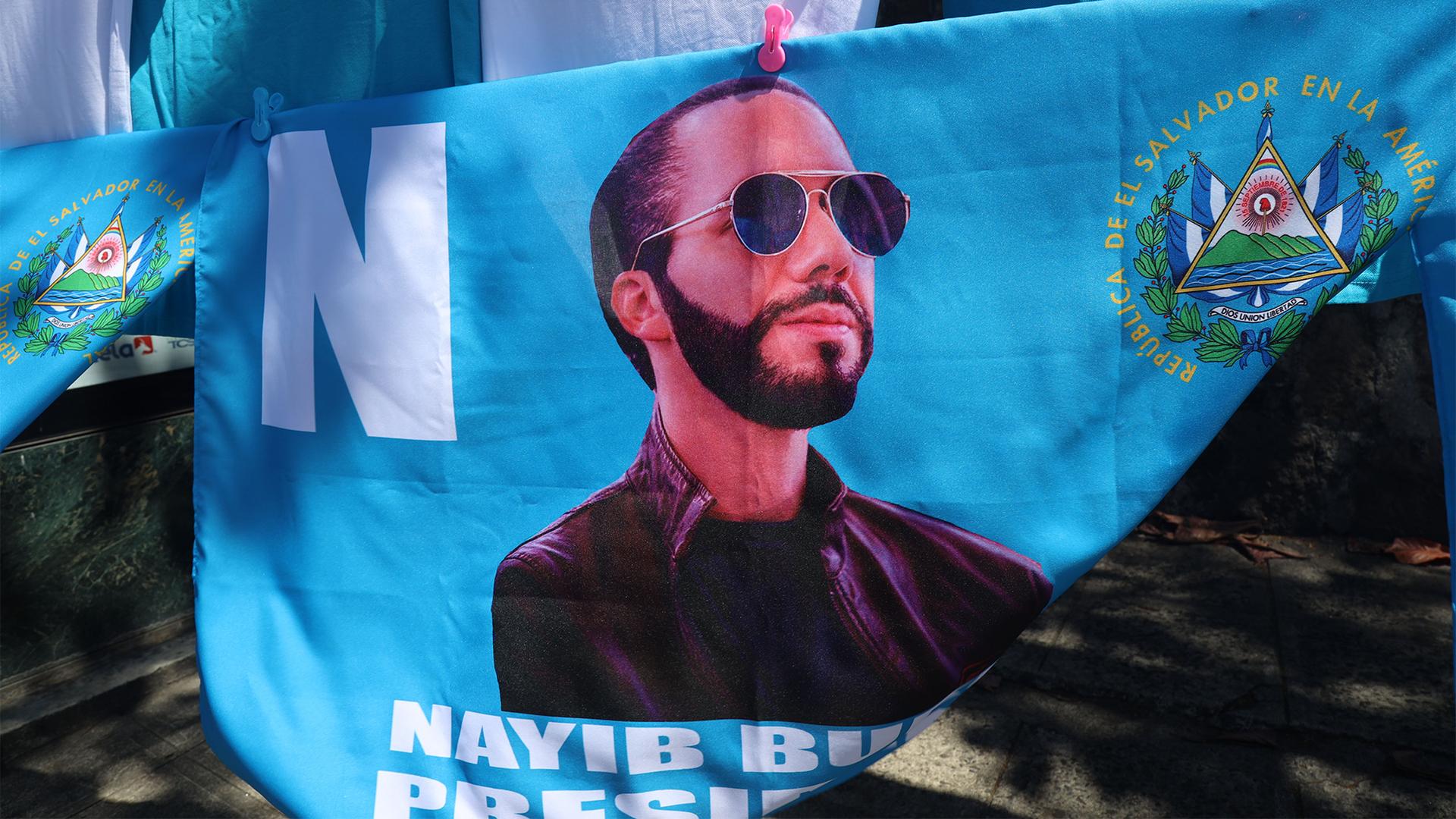 Vendors sell images of President Nayib Bukele during El Salvador's election campaign.