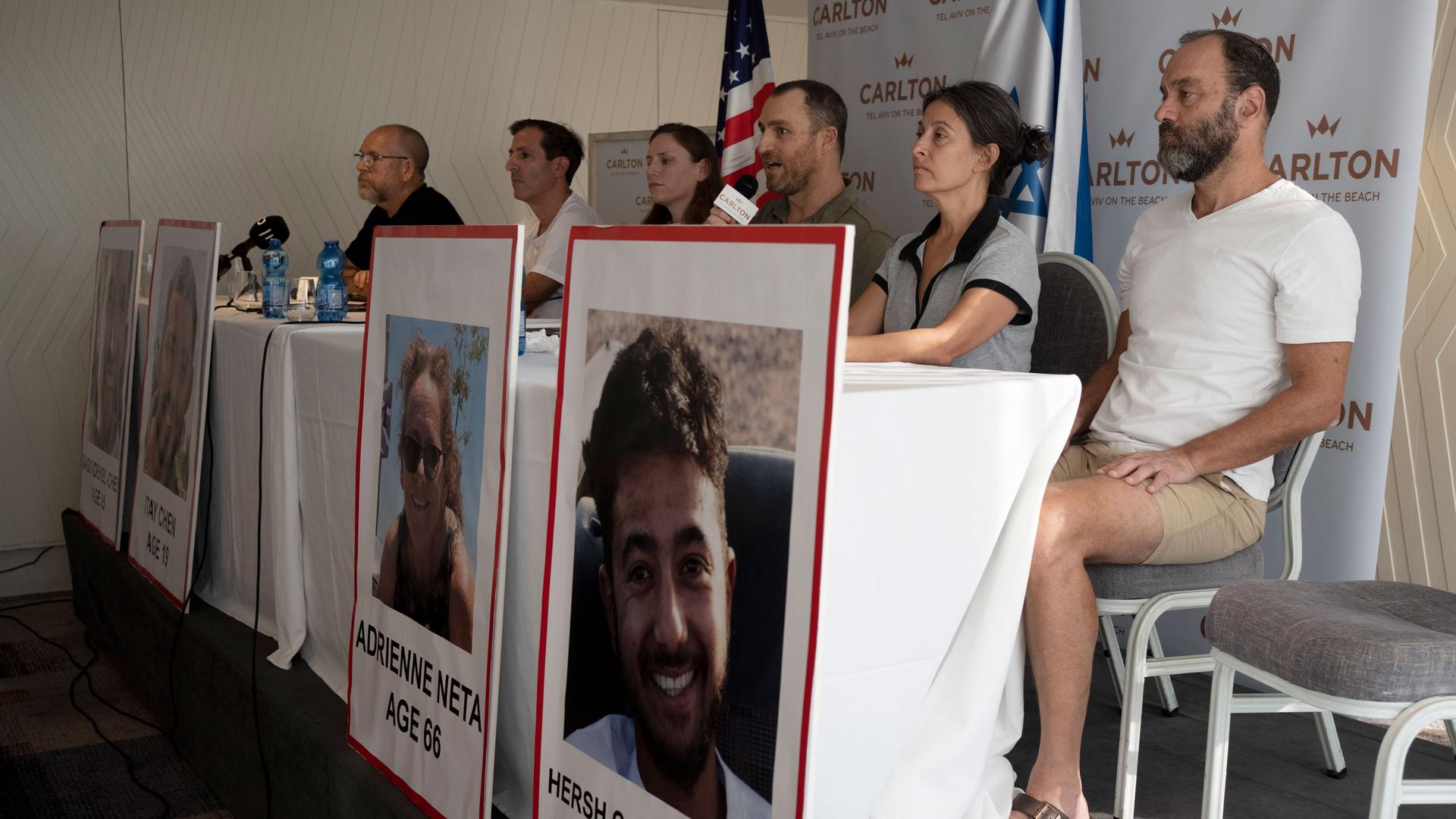 Relatives of US citizens that are missing since Saturday's surprise attack by Hamas militants near the Gaza border, in Tel Aviv, Israel attend a news conference on Tuesday, Oct. 10, 2023, in Tel Aviv, Israel. 