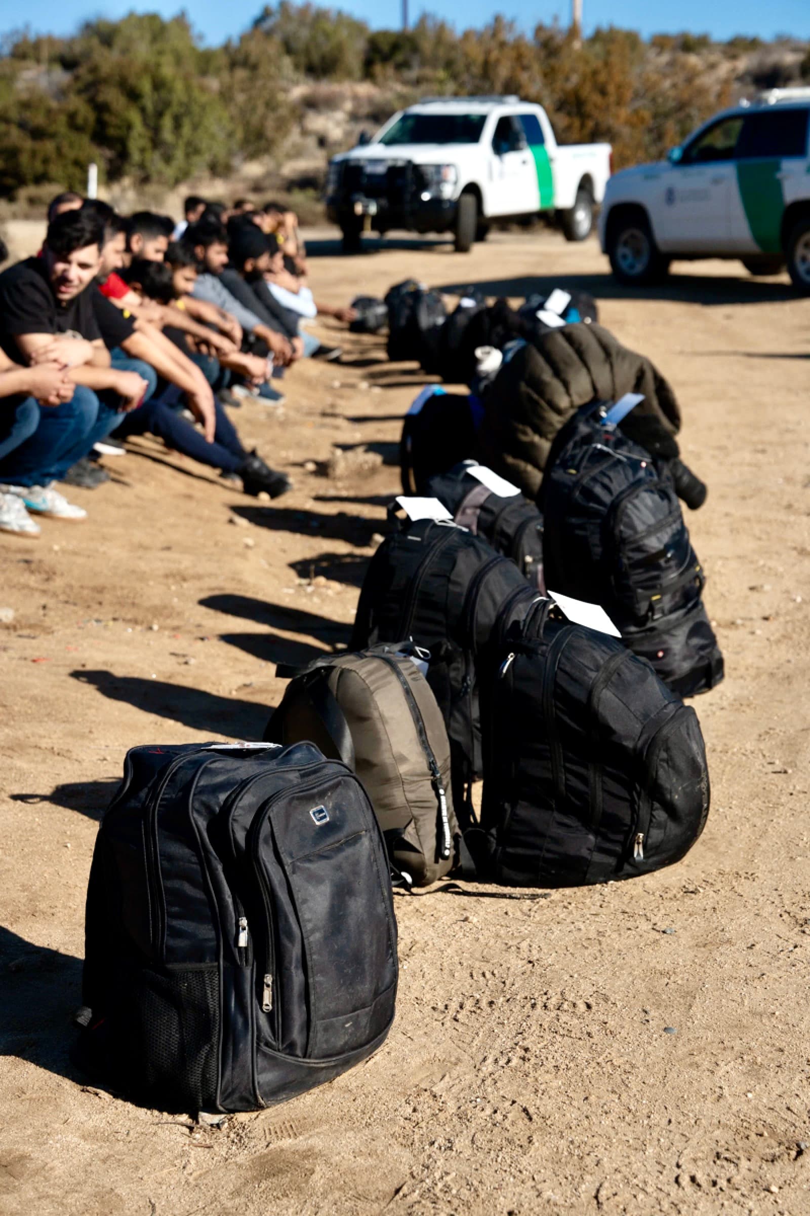 Bookbags lined up in a row