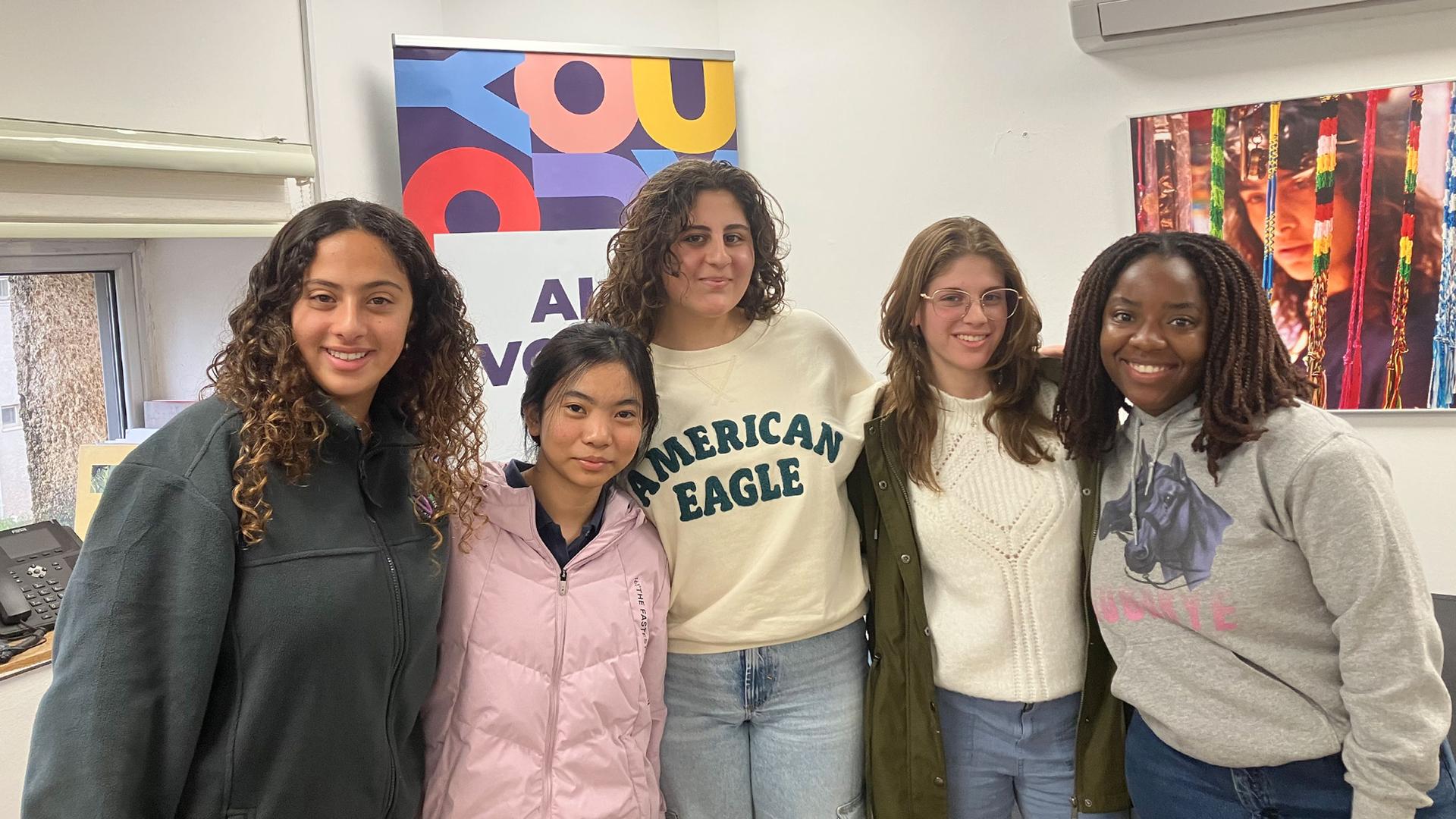 From left, students Shakked Klein, Nearodey Chhoem, Angelina Hadad, Nico Ben Jacob and Chidinma Okoli. About half the students at Givat Haviva come from abroad.