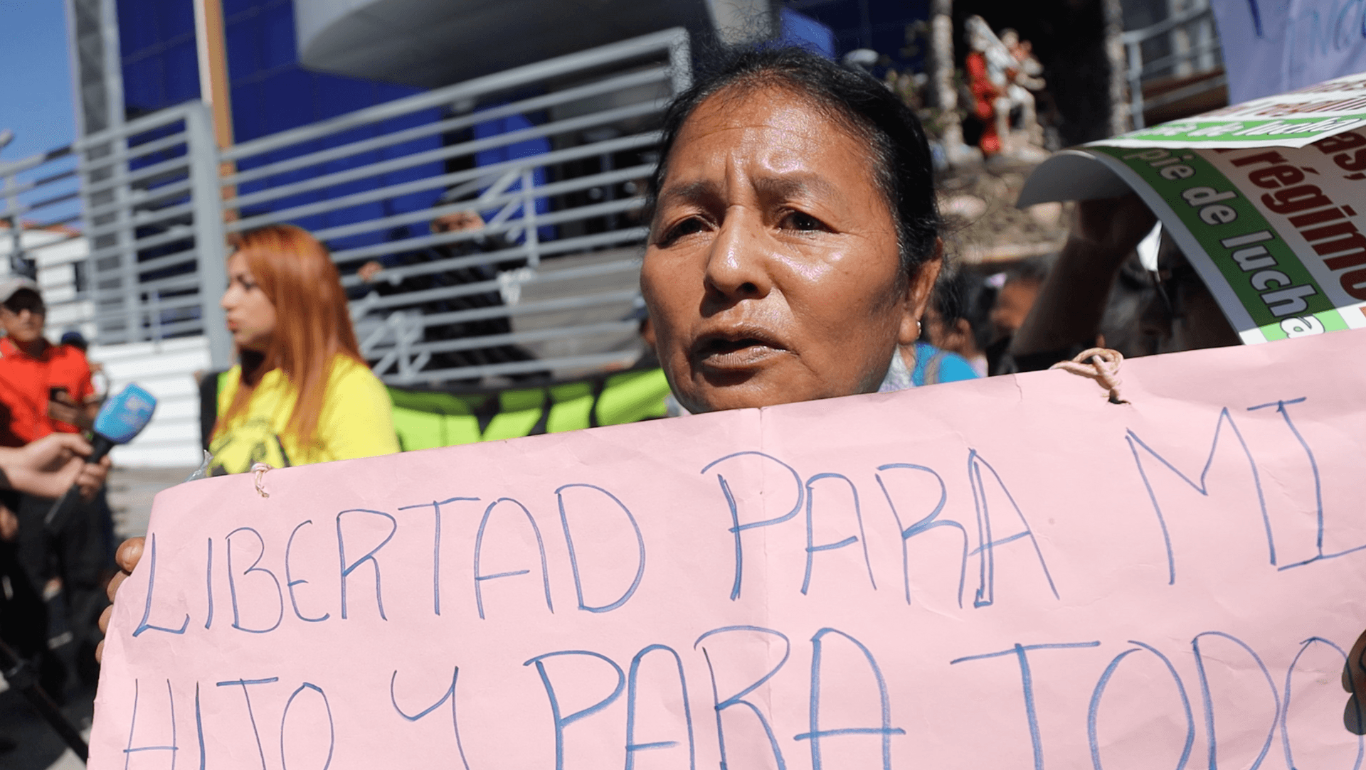 Reina Hernandez protests outside of El Salvador’s Attorney General’s Office with dozens of mothers and sisters of those detained during the government crackdown on gangs, Feb. 2, 2024.