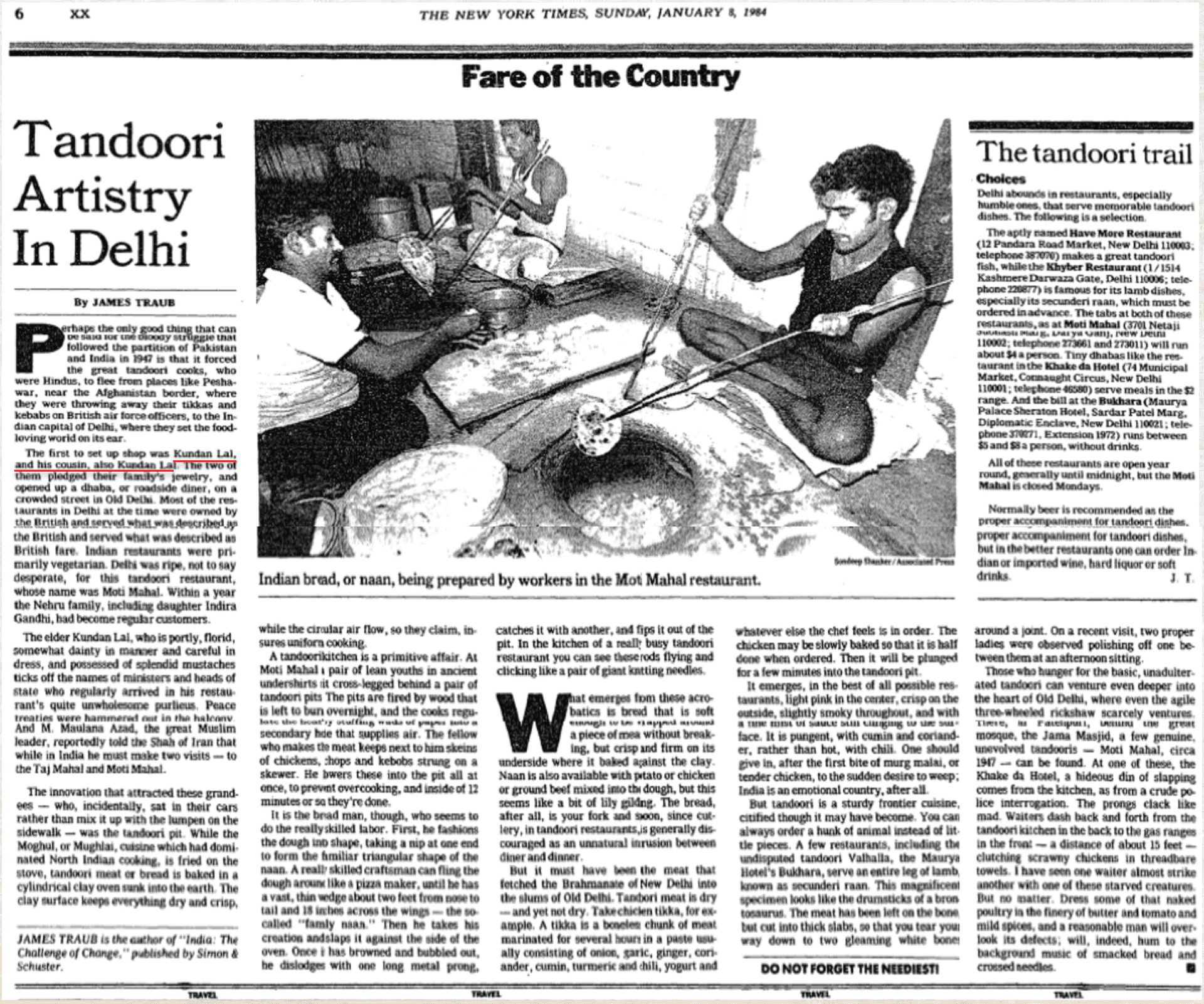 New York Times Article from 1984 about the Moti Mahal restaurant in Peshawar in present-day Pakistan founded by Kundan Lal Gujral and Kundan Lal Jaggi.