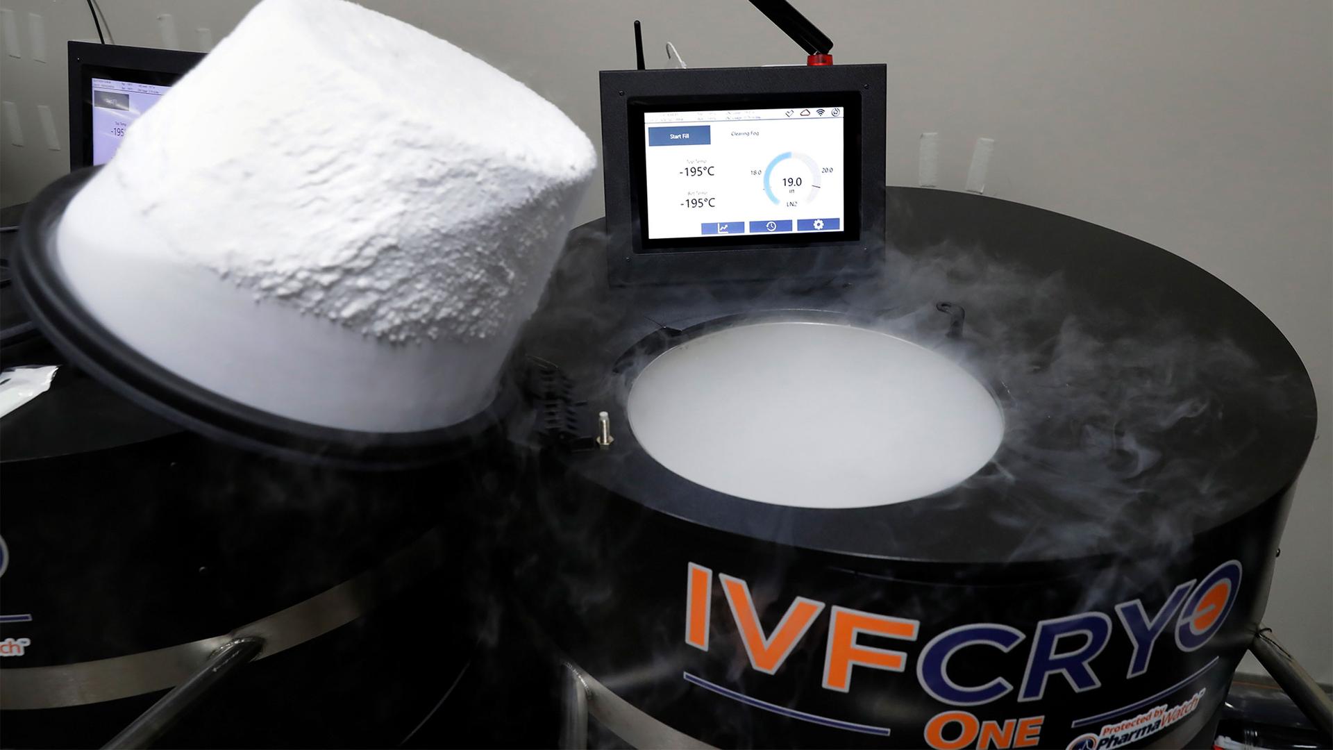 One of large capacity IVFCryo One storage containers that can hold approximately 1,000 egg samples, immersed in liquid nitrogen, at the Aspire Houston Fertility Institute in vitro fertilization lab in Houston, Feb. 27, 2024.
