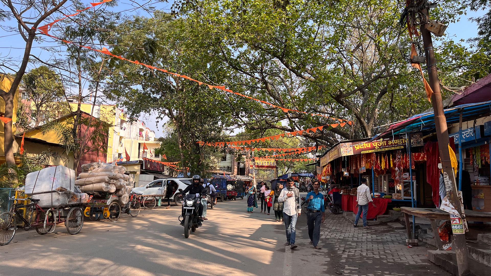 Saffron flags adorn a street outside a Hindu temple in Ranchi in India. Hindu nationalists insist that Sarnaism, or tribal religion, is the same as Hinduism.