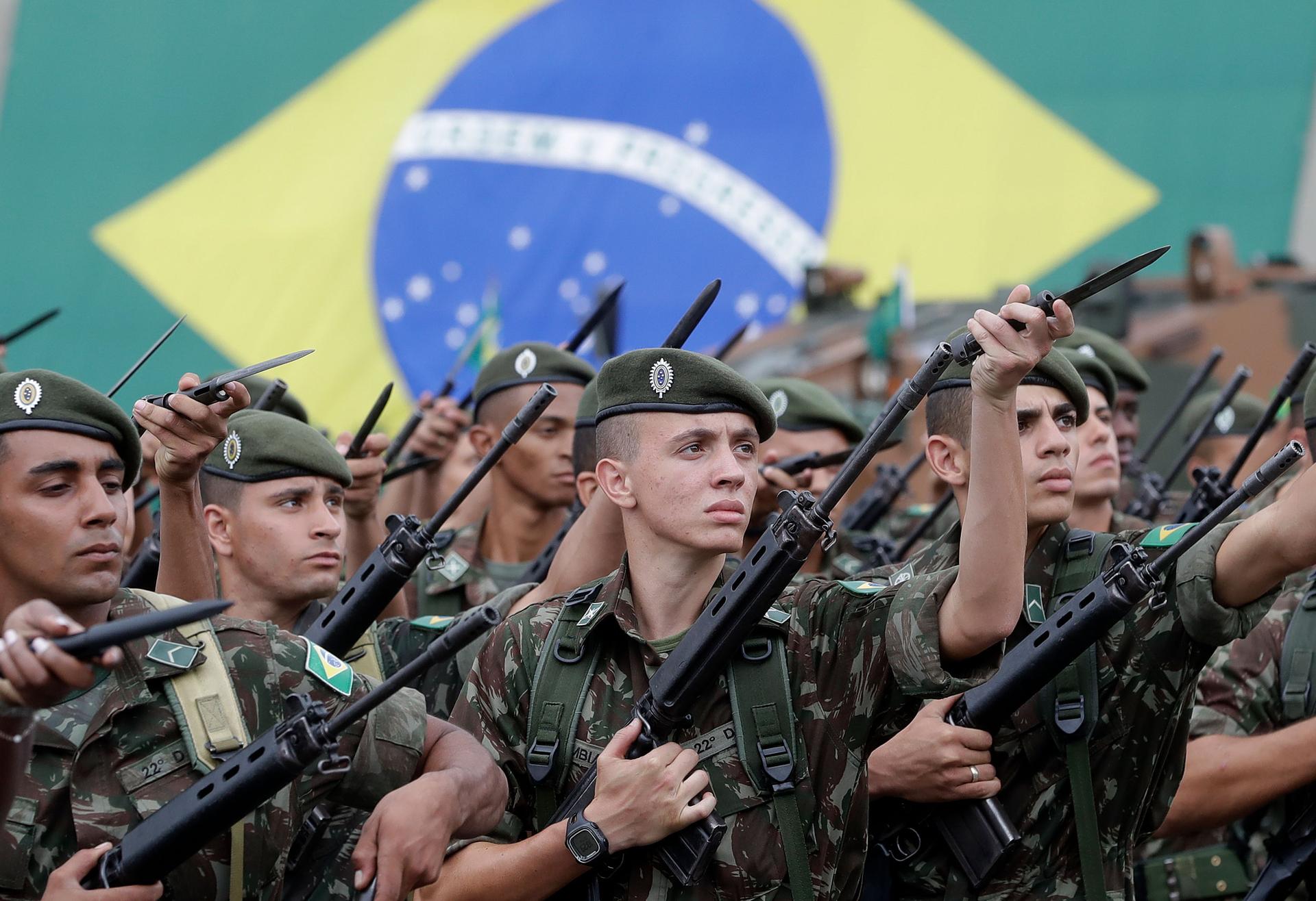 Armed forces take part in a ceremony to commemorate the 1964 military coup that began the last Brazilian dictatorship, in São Paulo, Brazil, Thursday, March 28, 2019. 