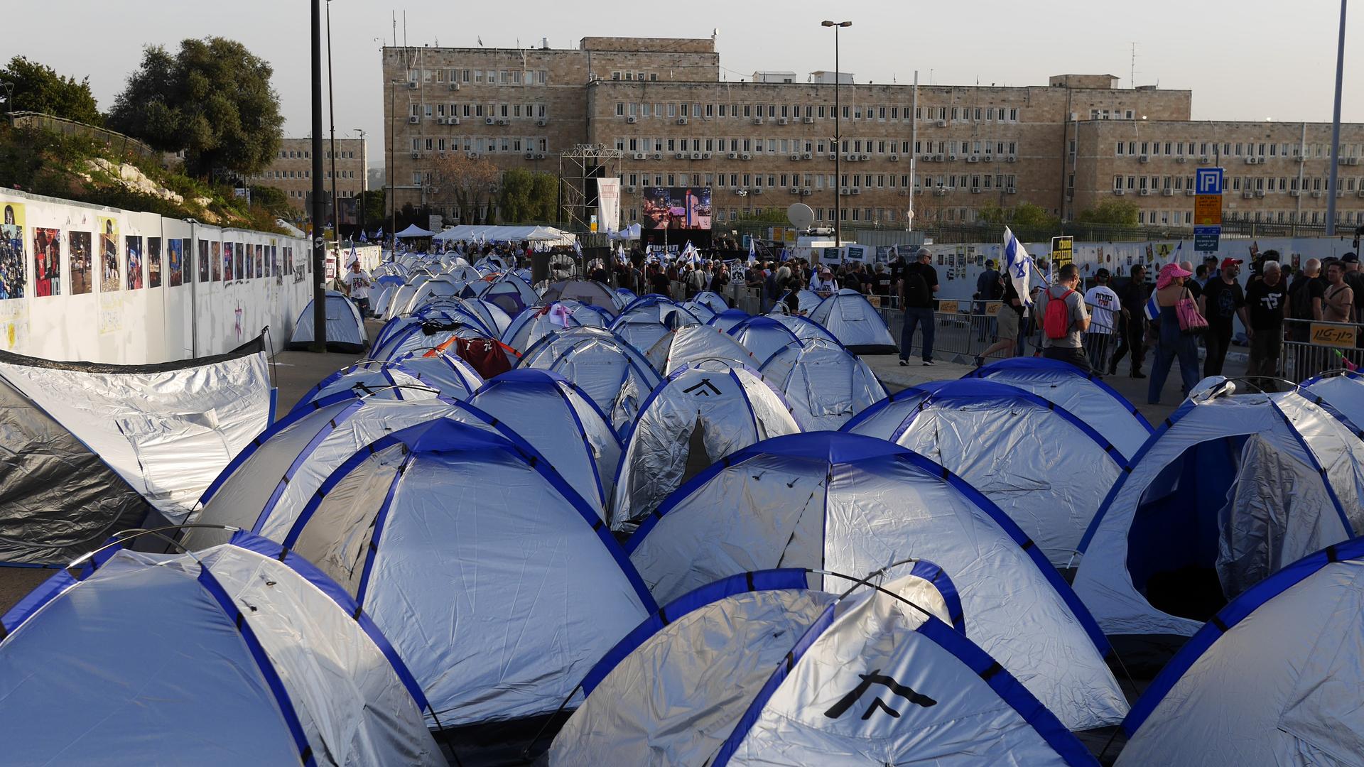 Protesters have set up a tent city outside the Israeli parliament in Jerusalem, April 1, 2024.