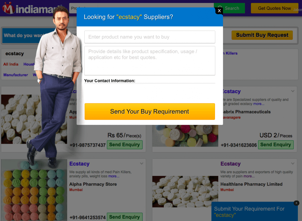 The image of actor Irrfan Khan, “brand ambassador” for IndiaMart, is seen guiding buyers to “ecstacy” in an automated pop-up window. The star’s photo is splayed over both legal and illegal products sold via the site.