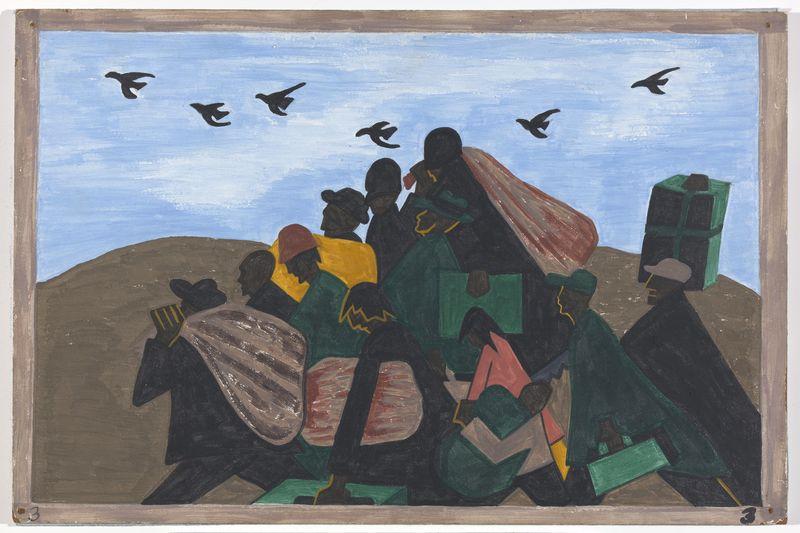 Panel 3: “In every town Negroes were leaving by the hundreds to go North and enter into Northern industry,” 1940-41. Casein tempera on hardboard, 18 x 12″. (Courtesy of MoMA)
