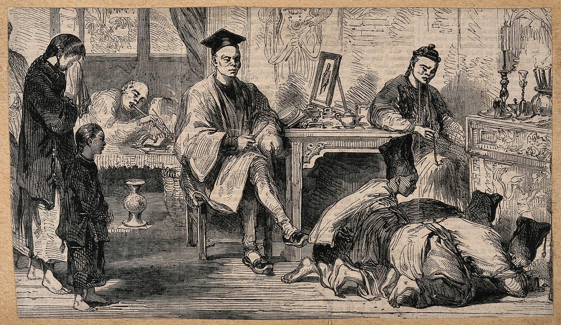 A wood engraving shows 3 people 'kowtowing' to an alter, one woman crying, others smoking opium in paying their last respects to a Chinese merchant's wife.