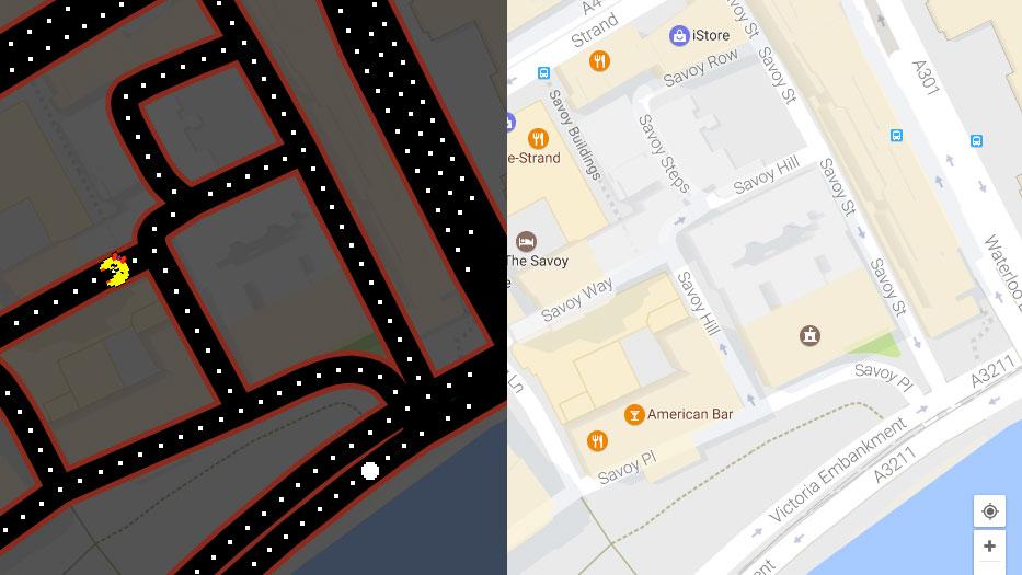 The map shows Savoy Court in Ms. Pac-Man mode and a more regular Google Maps view.